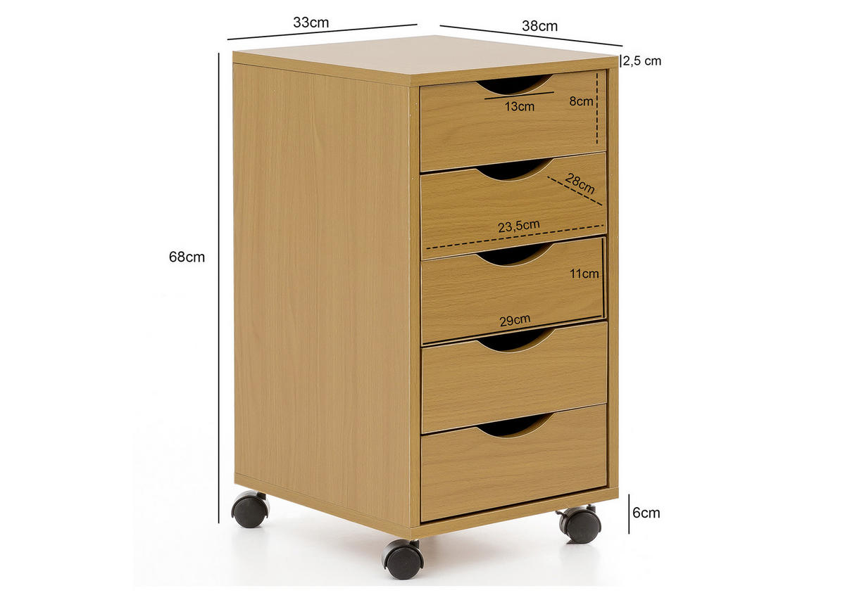 ROLLCONTAINER 33/68/38 cm  - Buchefarben, Konventionell, Holzwerkstoff/Kunststoff (33/68/38cm) - MID.YOU