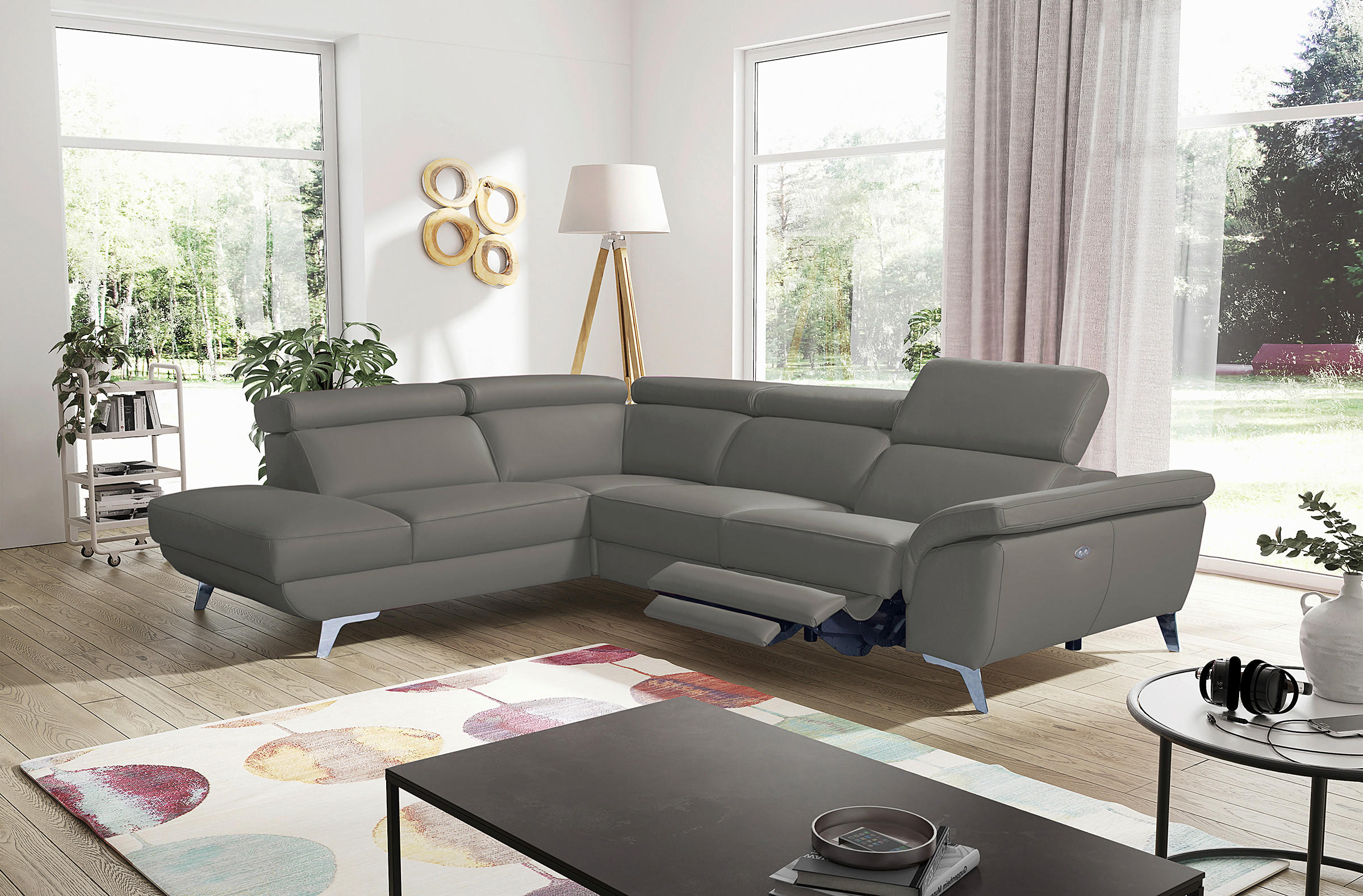 ECKSOFA  in Echtleder Grau  228/283 cm  - Silberfarben/Grau, Design, Leder/Metall (228/283cm) - Livetastic