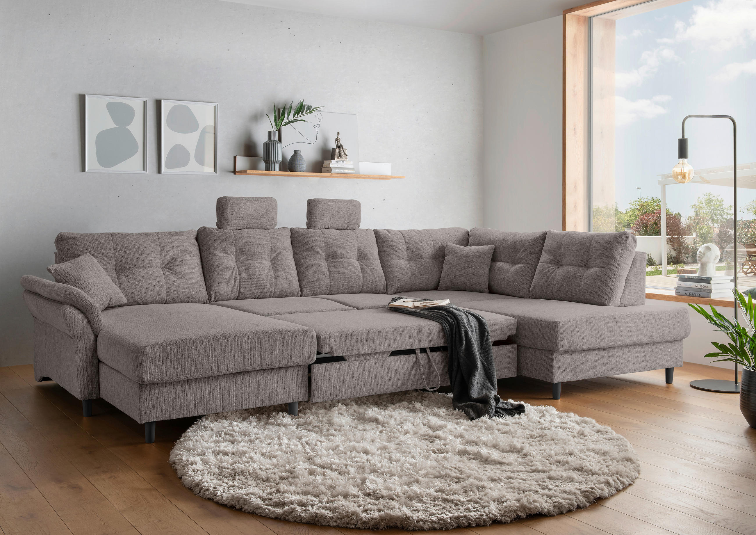 WOHNLANDSCHAFT in Chenille Graubraun  - Graubraun/Schwarz, Modern, Holz/Textil (176/338/206cm) - Livetastic