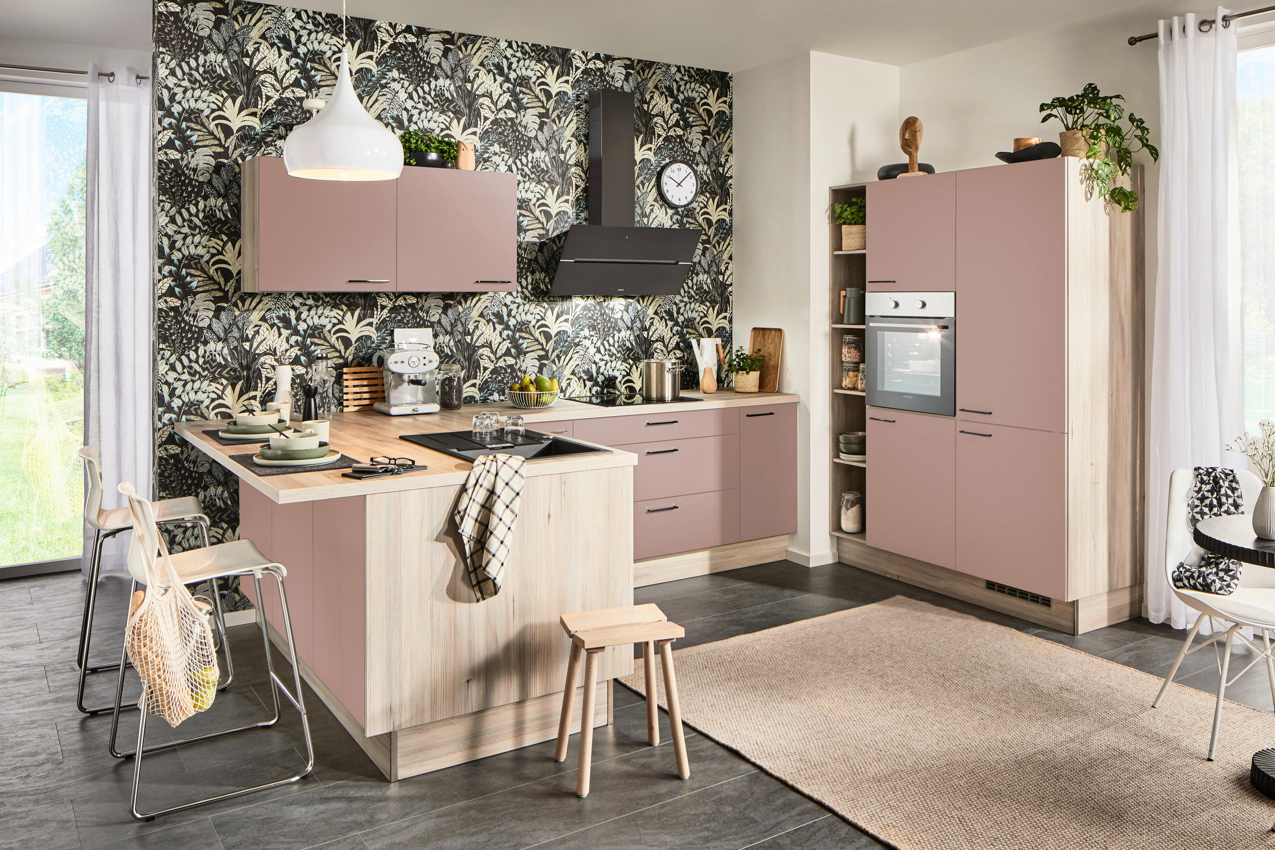 ECKKÜCHE  in Rosa, Tannenholzfarben  - Tannenholzfarben/Schwarz, Design, Holzwerkstoff/Metall (121,6/280/150cm) - Xora