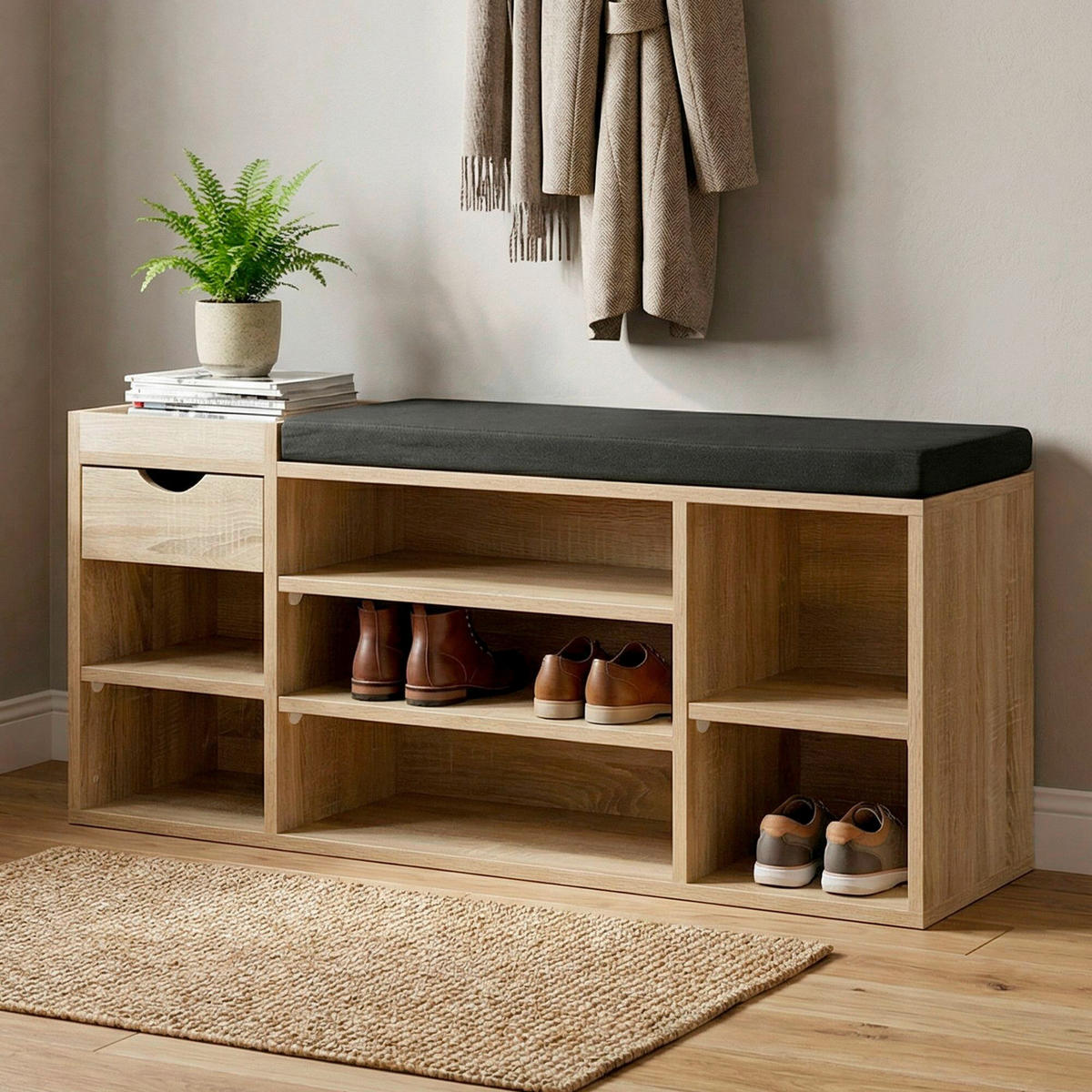 SCHUHBANK 100/45/30 cm  - Schwarz/Sonoma Eiche, Design, Holzwerkstoff/Textil (100/45/30cm) - Livetastic