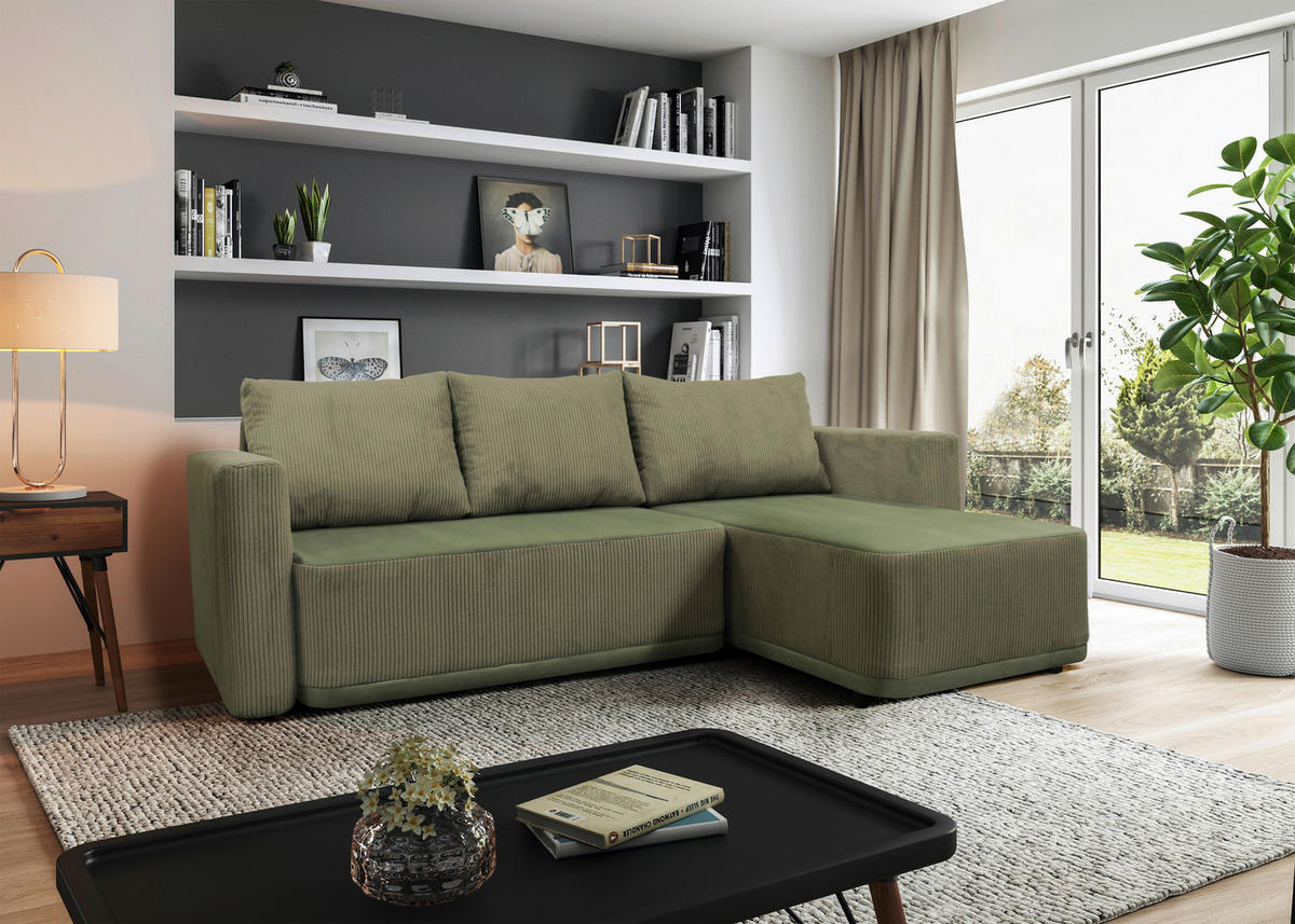 ECKSOFA STELLA Grün Plüsch Rückenkissen, Bettkasten  - Schwarz/Grün, Design, Kunststoff/Textil (234/166cm) - MID.YOU