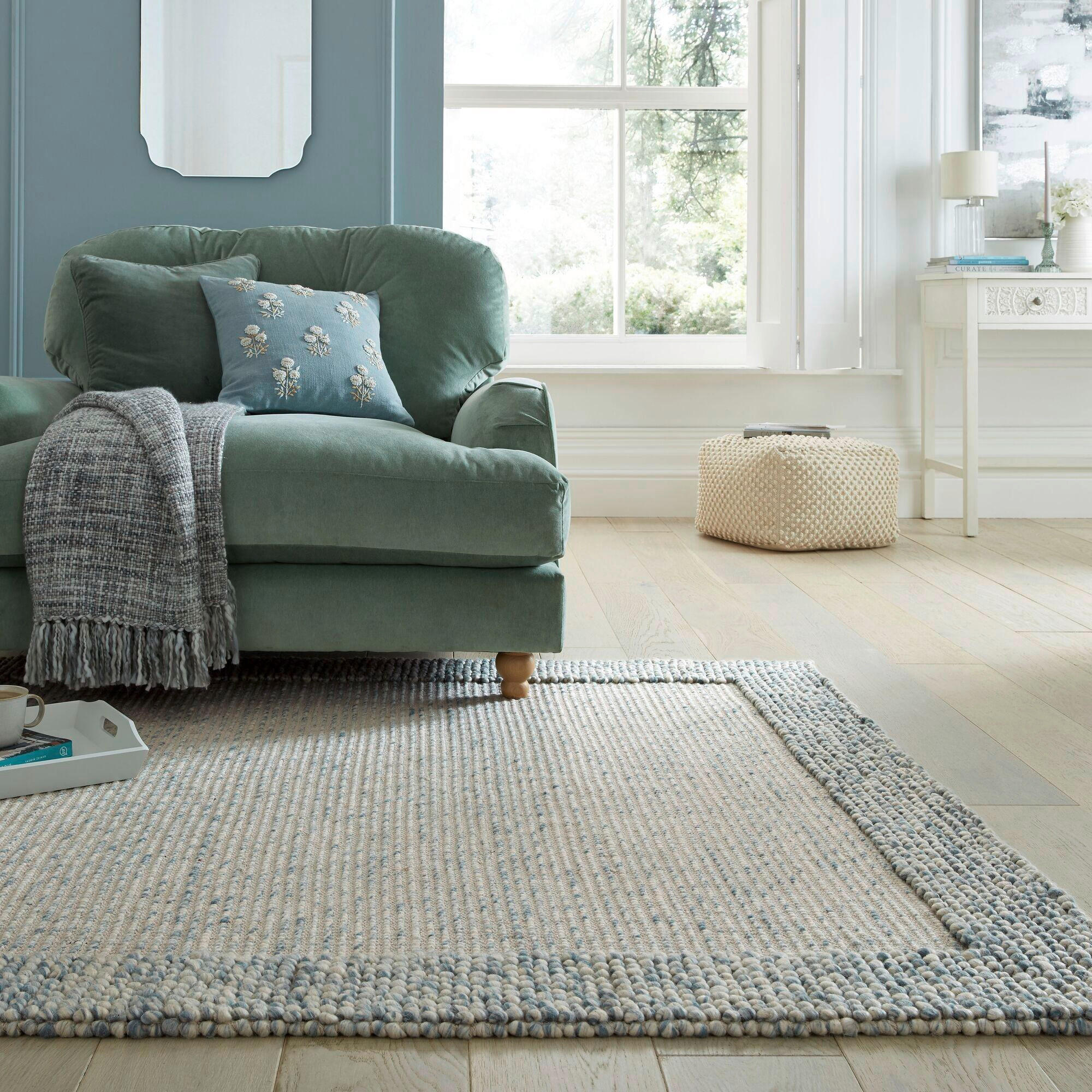 HANDWEBTEPPICH 120/170 cm BOBBLE WOOL BORDER Blau  - Blau, KONVENTIONELL, Textil (120/170cm)