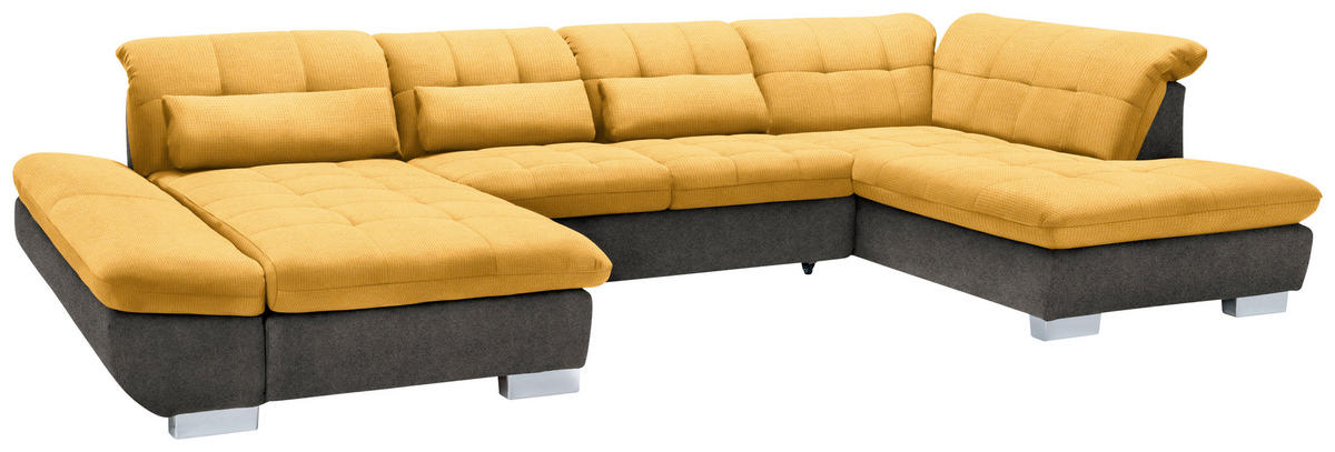WOHNLANDSCHAFT in Mikrofaser Dunkelgelb, Grau  - Chromfarben/Dunkelgelb, Design, Kunststoff/Textil (204/350/211cm) - Xora