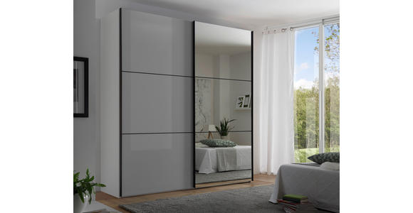 SCHWEBETÜRENSCHRANK  in Weiß, Hellgrau  - Hellgrau/Schwarz, KONVENTIONELL, Glas/Holzwerkstoff (200/222/68cm) - Moderano
