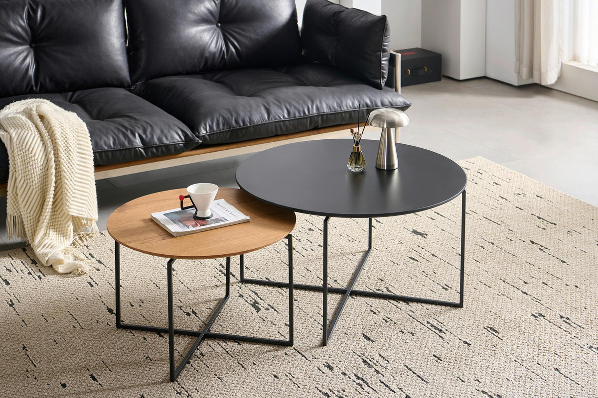 COUCHTISCHSET Eiche furniert 80/60/80/60/43/39 cm rund Schwarz, Eichefarben  - Eichefarben/Schwarz, Design, Holz/Holzwerkstoff (80/60/80/60/43/39cm) - Carryhome