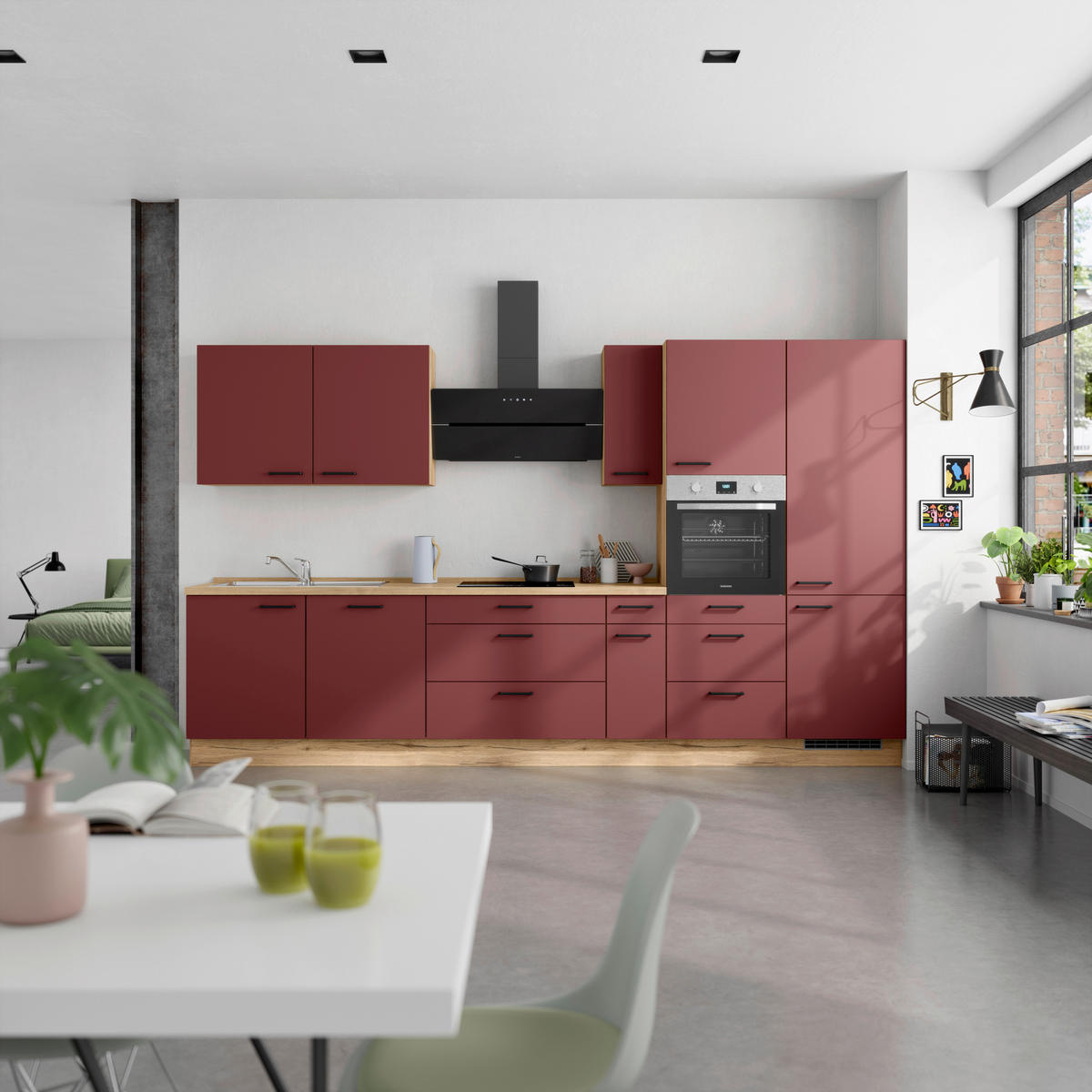 KÜCHENLEERBLOCK 360 cm   in Rot, Eichefarben  - Eichefarben/Rot, MODERN, Holzwerkstoff/Metall (360cm) - Nobilia