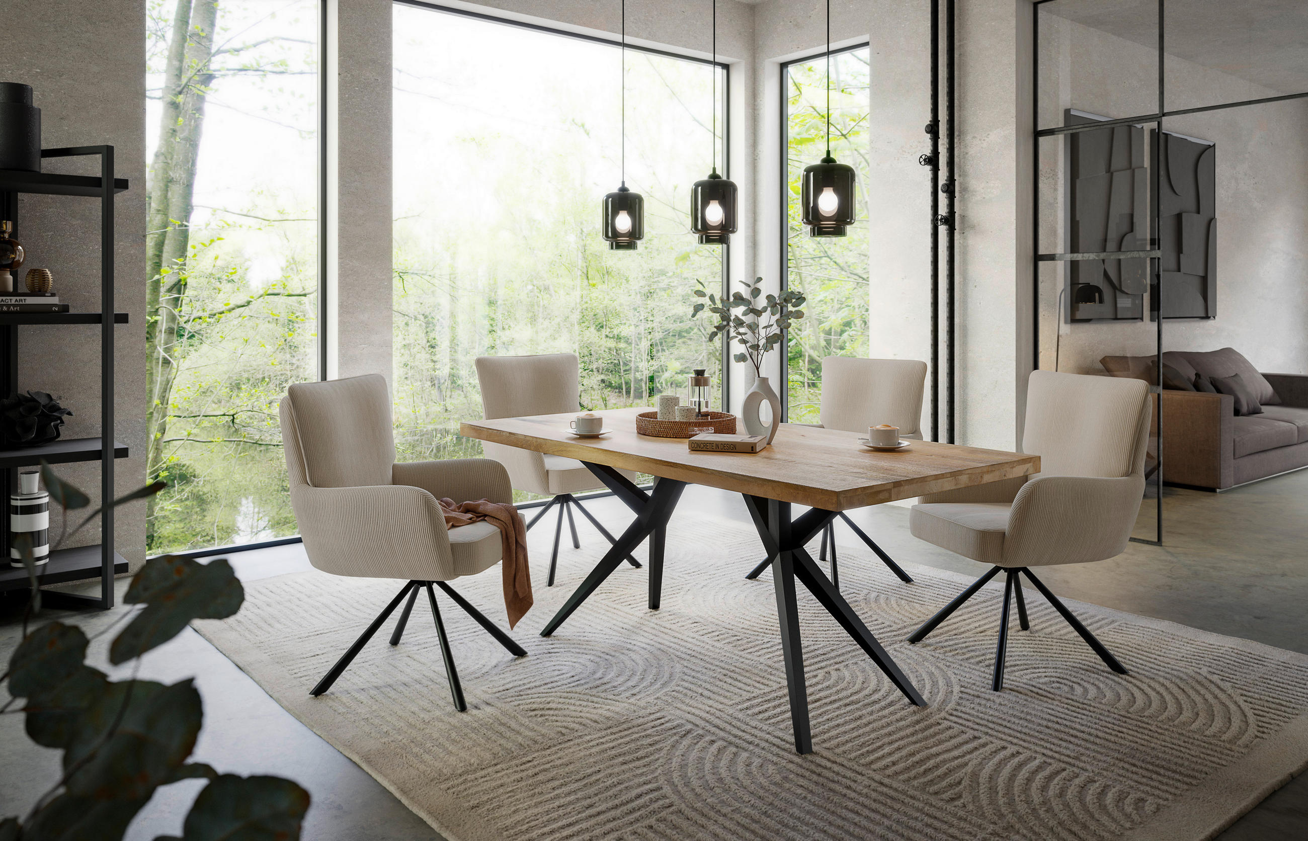 Armlehnstuhl Mila Cord creme  in Eisen Cord  - Beige/Schwarz, KONVENTIONELL, Textil/Metall (60/95/67cm) - MID.YOU