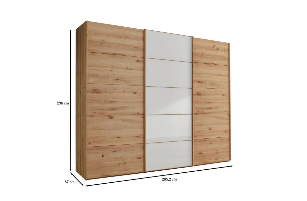SCHWEBETÜRENSCHRANK in Eiche Bianco, Weiss  - Eiche Bianco/Weiss, Natur, Glas/Holz (300/236/67cm) - Linea Natura