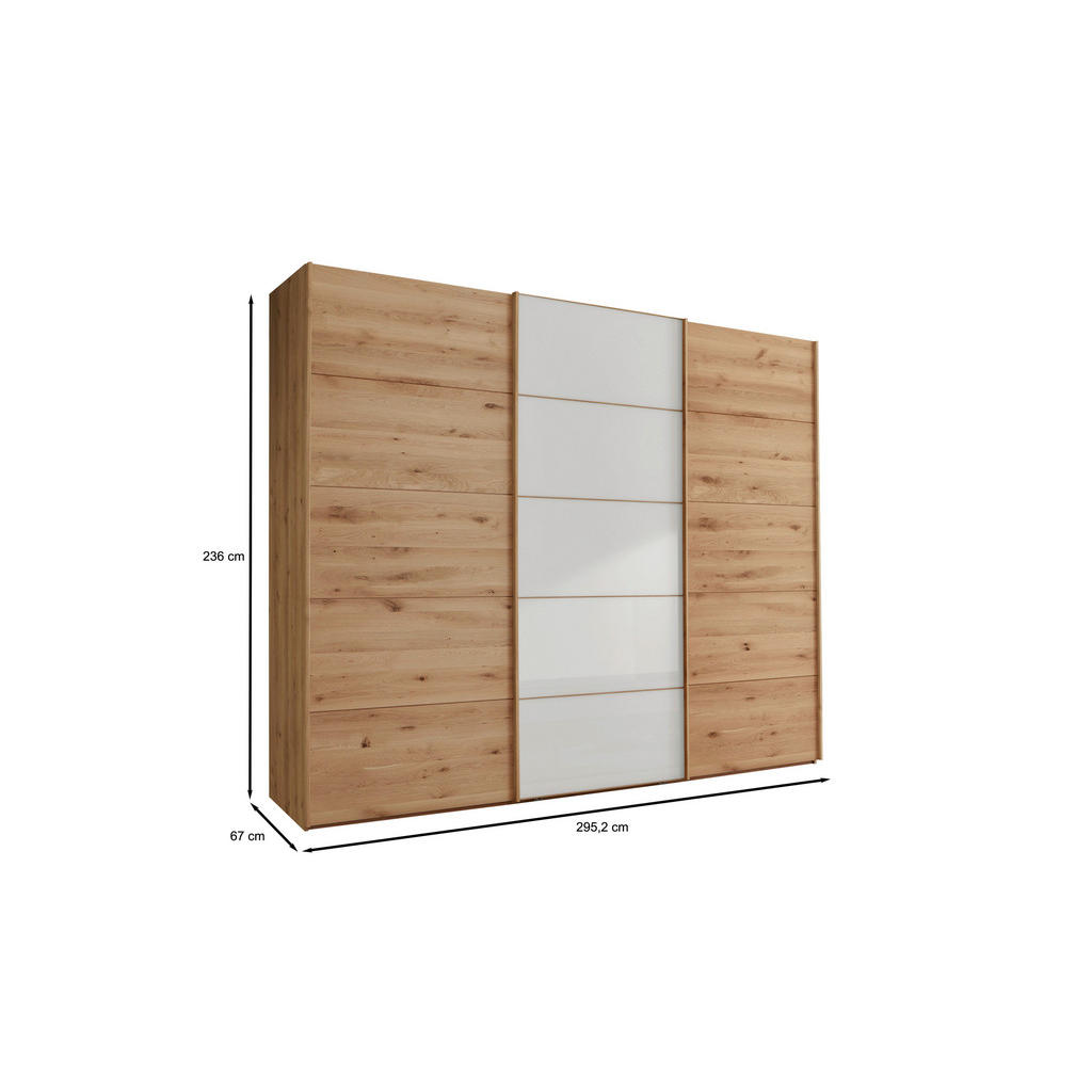 Thumbnail - Linea Natura Schwebetürenschrank, Weiß, Eiche Bianco, Holzwerkstoff, Eiche, teilmassiv, 300x236x67 cm, ISO 9001, Goldene...