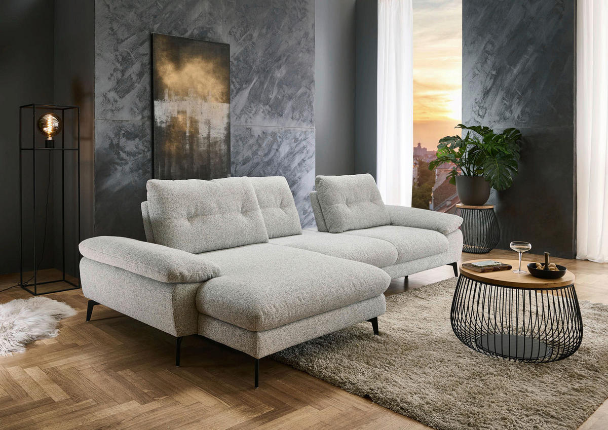 ECKSOFA Hellgrau Flachgewebe  - Hellgrau/Schwarz, Design, Textil/Metall (168/303cm) - Valdera