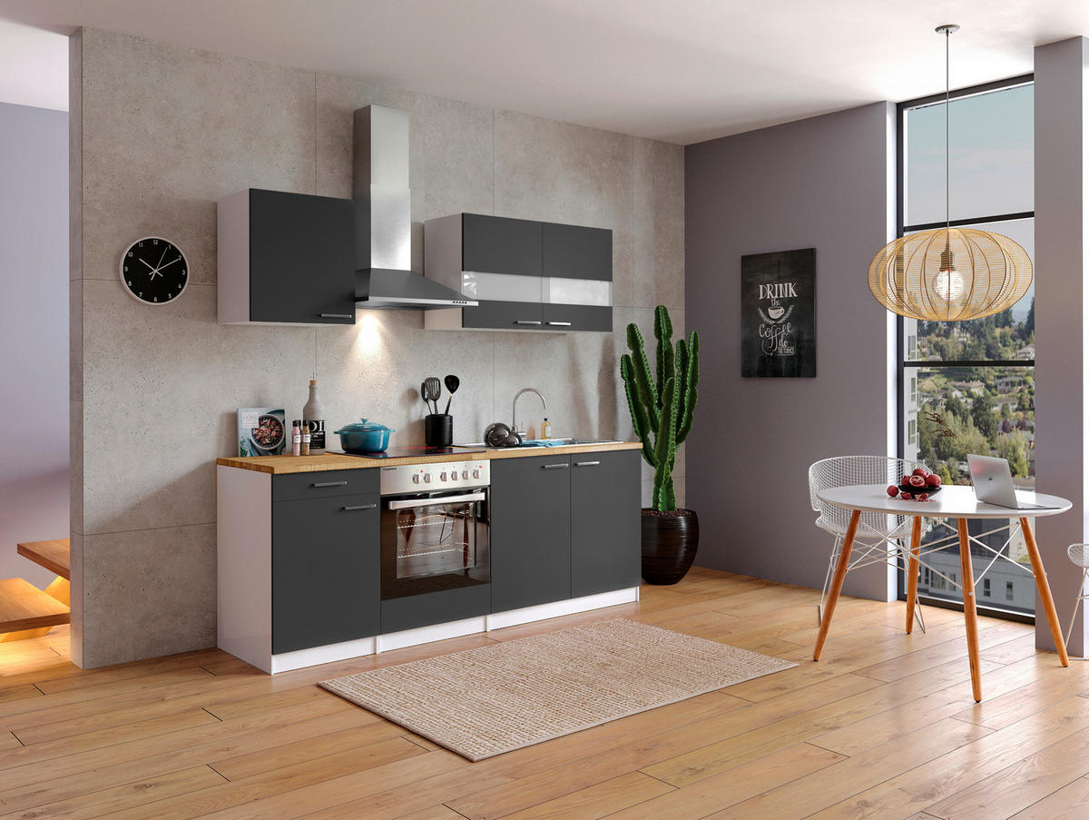 KÜCHENBLOCK 210 cm   in Grau  - Weiss/Edelstahlfarben, Basics, Holzwerkstoff/Metall (210cm) - Respekta