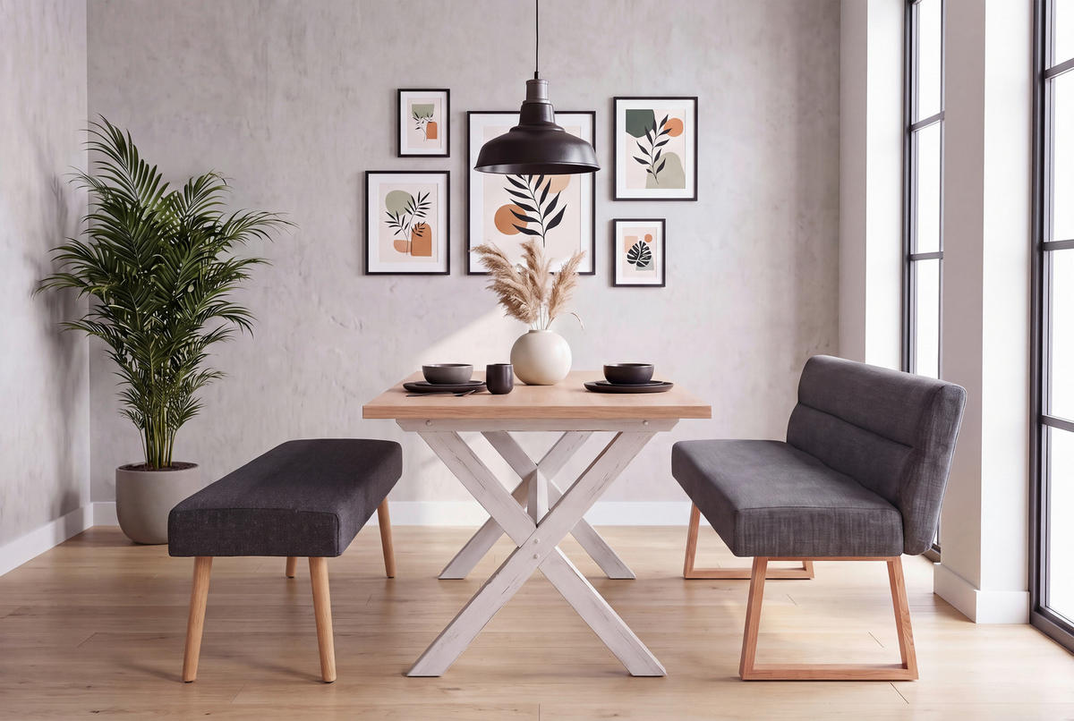 SITZBANK 160/82/61 cm Leinenoptik Eichefarben, Dunkelgrau Eiche massiv  - Eichefarben/Dunkelgrau, MODERN, Holz/Textil (160/82/61cm) - Livetastic