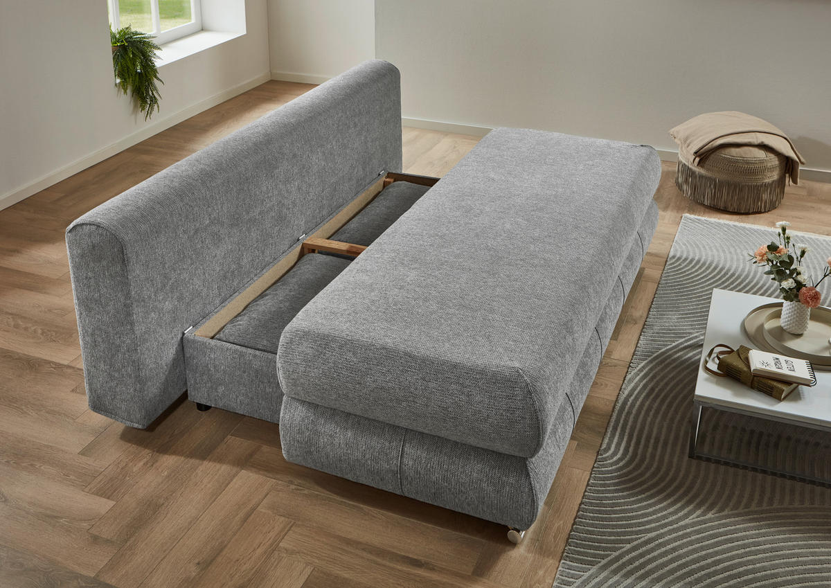 SCHLAFSOFA Webstoff Silberfarben  inkl. Rückenkissen, Armlehnenkissen, Bettkasten, Schlaffunktion, Rücken echt, Liegefläche im Originalstoff  - Edelstahlfarben/Silberfarben, KONVENTIONELL, Textil/Metall (199/95/97cm) - Carryhome