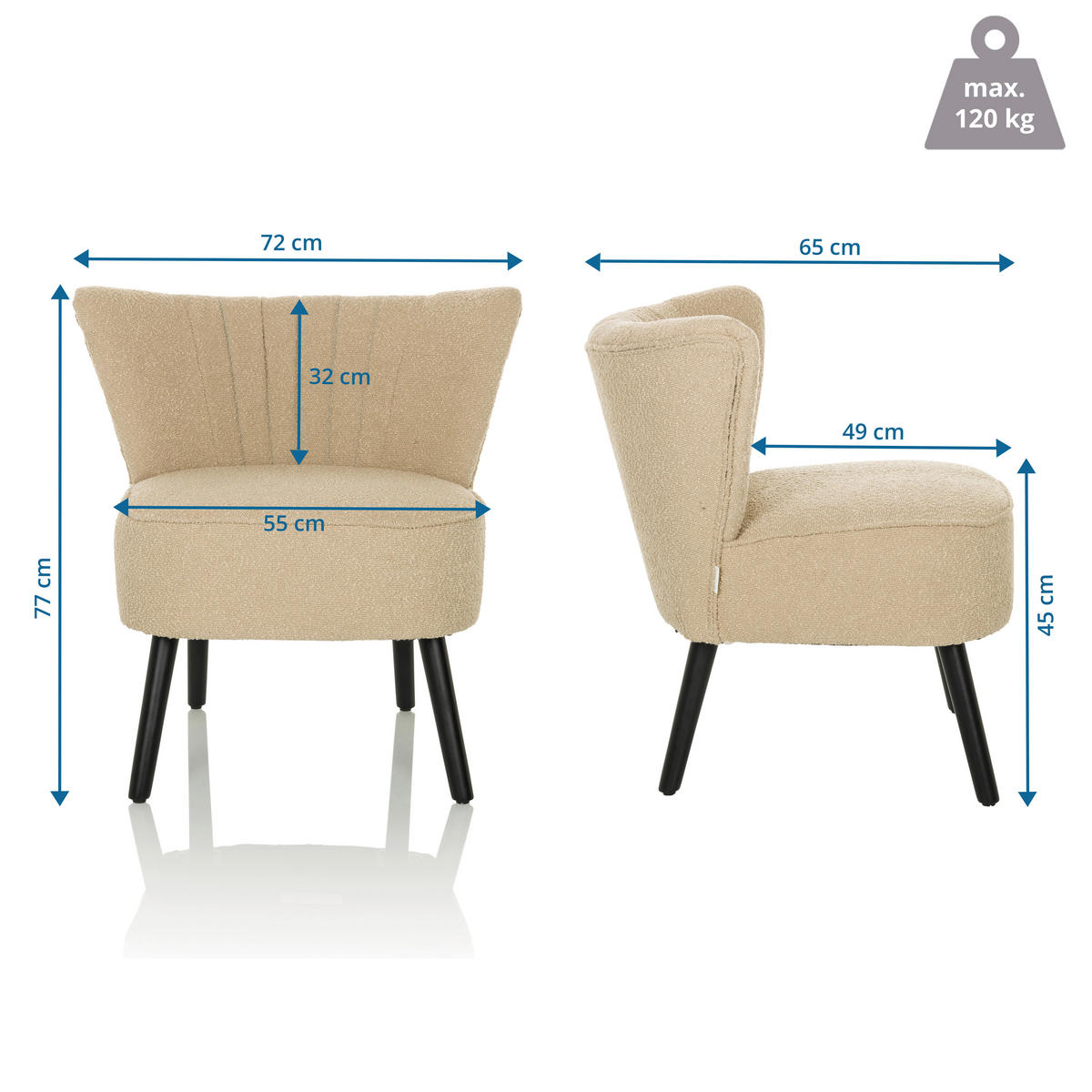 LOUNGESESSEL Bouclé Beige    - Beige/Schwarz, MODERN, Holz/Textil (72/77/65cm) - MID.YOU