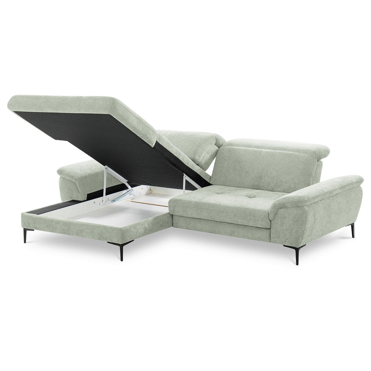 ECKSOFA PRADO Mintgrün Webstoff Bettkasten, Kopfteilverstellung, Sitztiefenverstellung  - Schwarz/Mintgrün, Design, Textil/Metall (195/268cm) - Livetastic