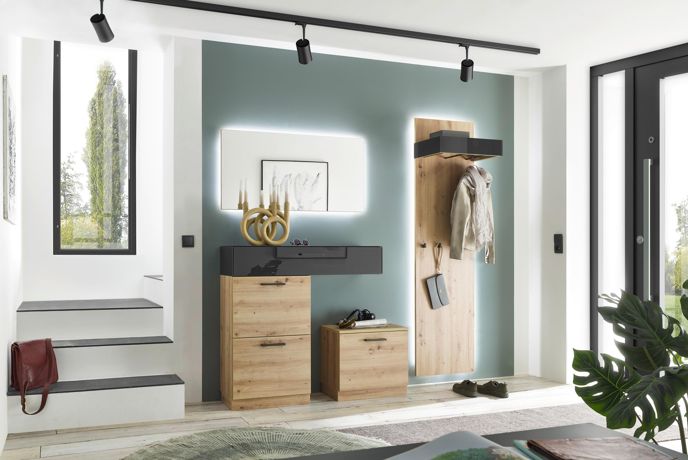 GARDEROBE 4-teilig in 185/200/31 cm - Eiche Artisan/Grau, Design, Glas/Holzwerkstoff (185/200/31cm) - Musterring