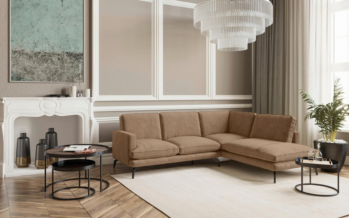 ECKSOFA in Flachgewebe Braun  - Dunkelgelb/Schwarz, Design, Textil/Metall (250/202cm) - Livetastic