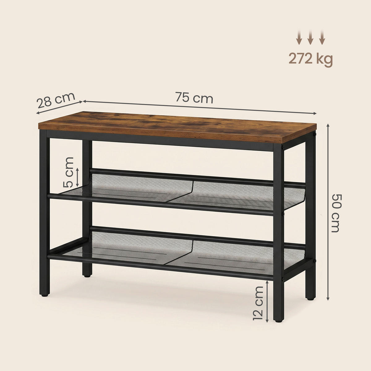 GARDEROBENBANK  in 75/50/28 cm  - Dunkelbraun/Schwarz, Trend, Metall (75/50/28cm) - Boxxx