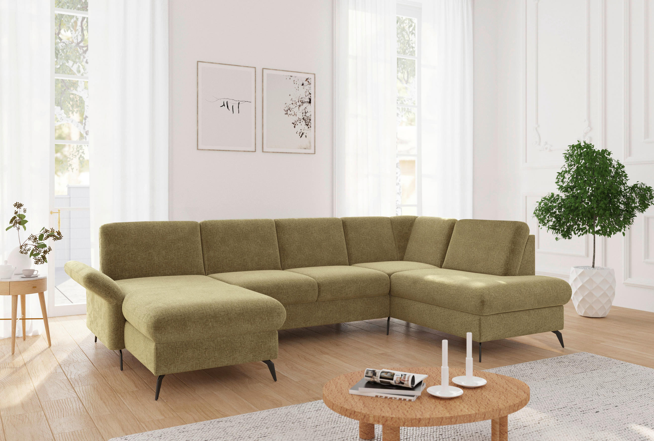 WOHNLANDSCHAFT Olivgrün Flachgewebe  - Schwarz/Olivgrün, KONVENTIONELL, Textil/Metall (164/314/195cm) - Sit & More