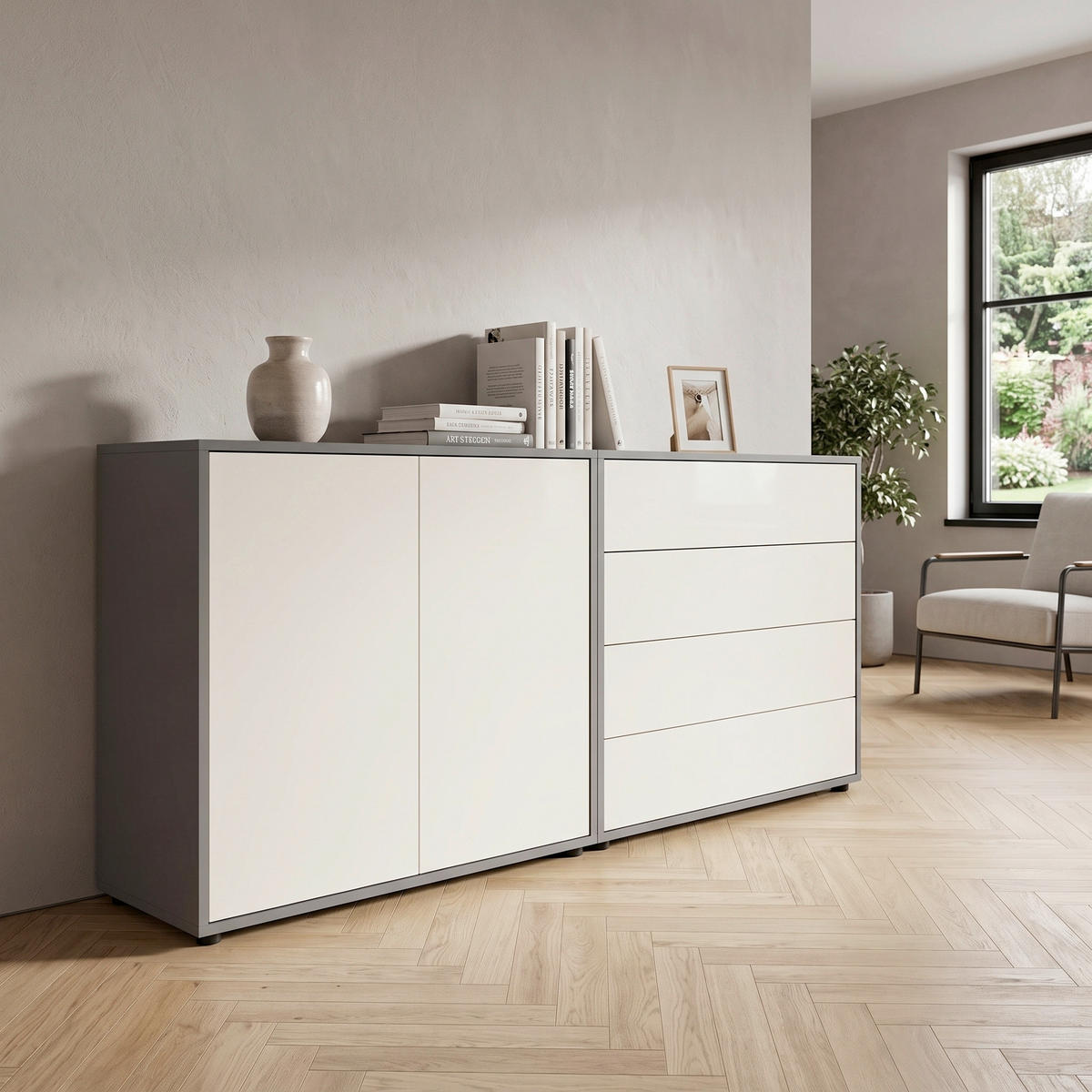 SIDEBOARD Mailand Set 3 158/73/33 cm 4 Schublade(n)  - Anthrazit/Schwarz, MODERN, Holzwerkstoff/Kunststoff (158/73/33cm) - MID.YOU