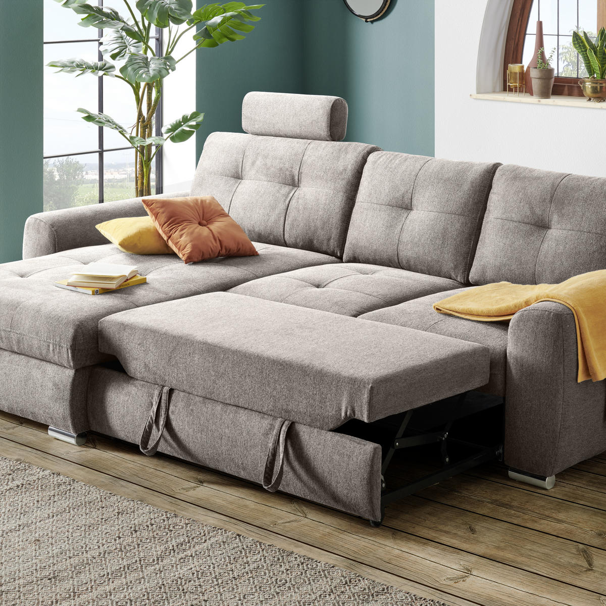 ECKSOFA in Mikrofaser Taupe  - Taupe/Chromfarben, Modern, Kunststoff/Textil (276/193cm) - Hom`in