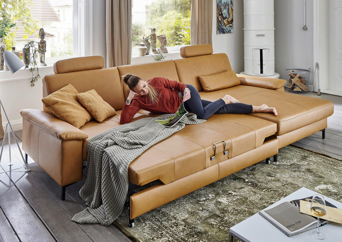 ECKSOFA  in Echtleder Currygelb  334/176 cm  - Currygelb/Schwarz, Design, Leder/Metall (334/176cm) - Dieter Knoll