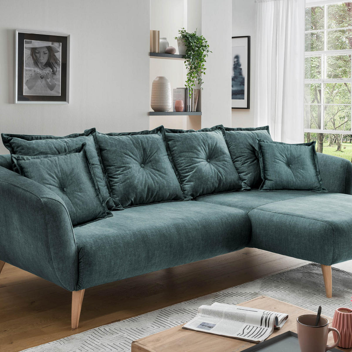 ECKSOFA in Velours Blau  - Blau/Schwarz, Modern, Holz/Textil (277/162cm) - Livetastic