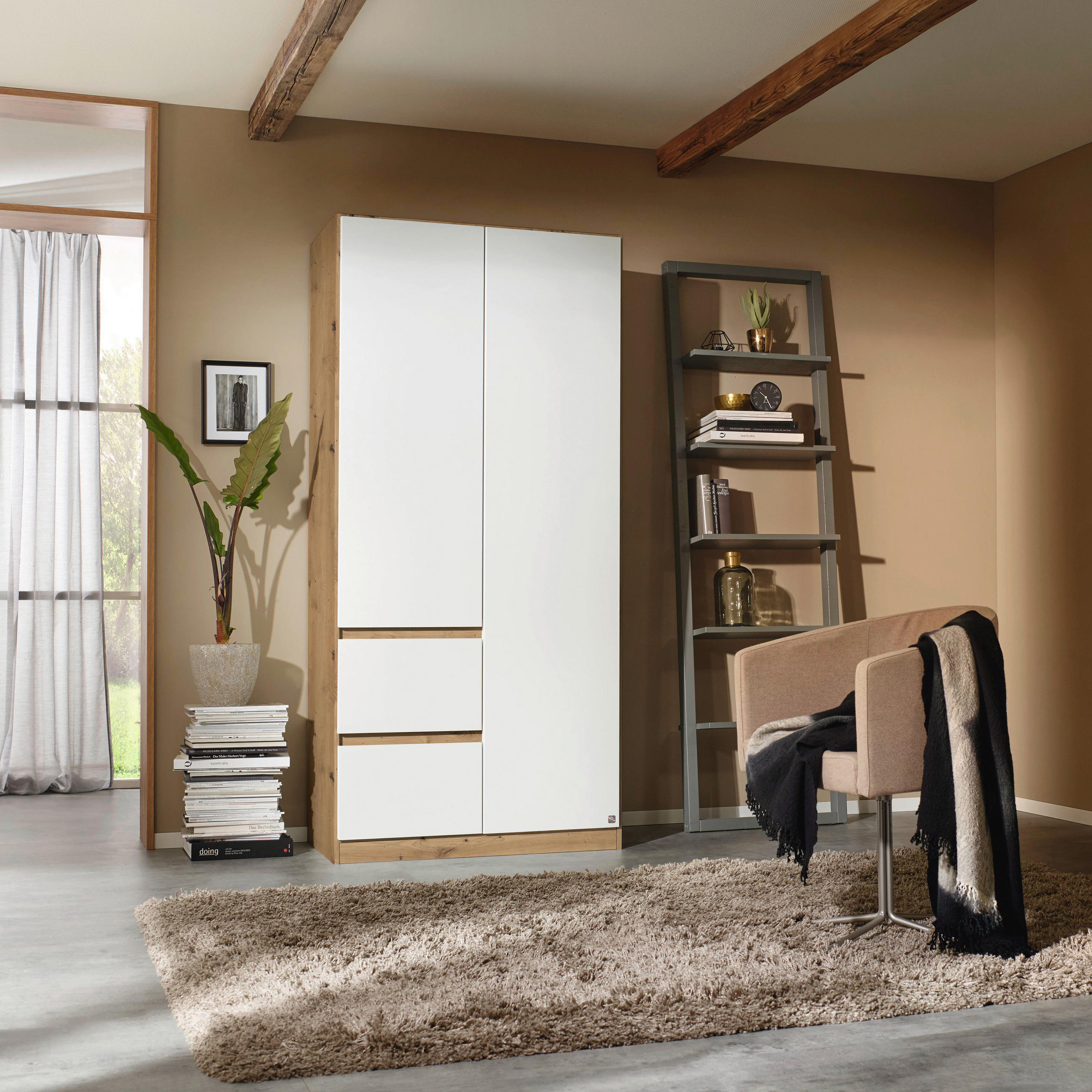 DREHTÜRENSCHRANK in Weiss, Eiche Artisan  - Weiss/Eiche Artisan, Basics, Holzwerkstoff (91/197/54cm) - Rauch Möbel