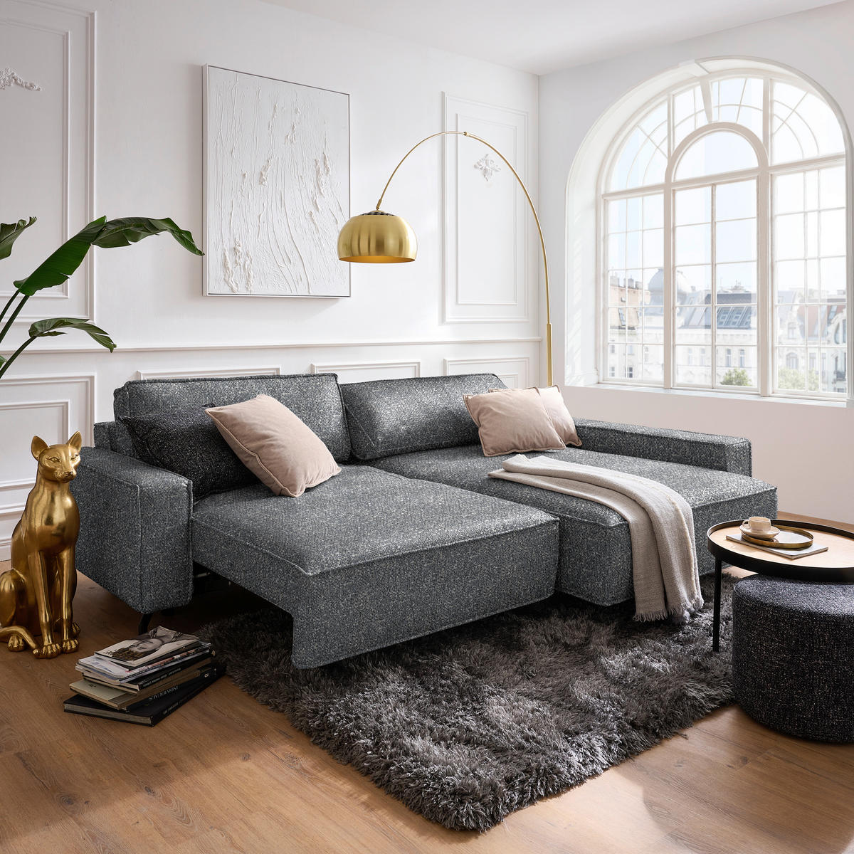 ECKSOFA Mikrovelours Grau  - Schwarz/Grau, Design, Textil (246/164cm) - Sedda