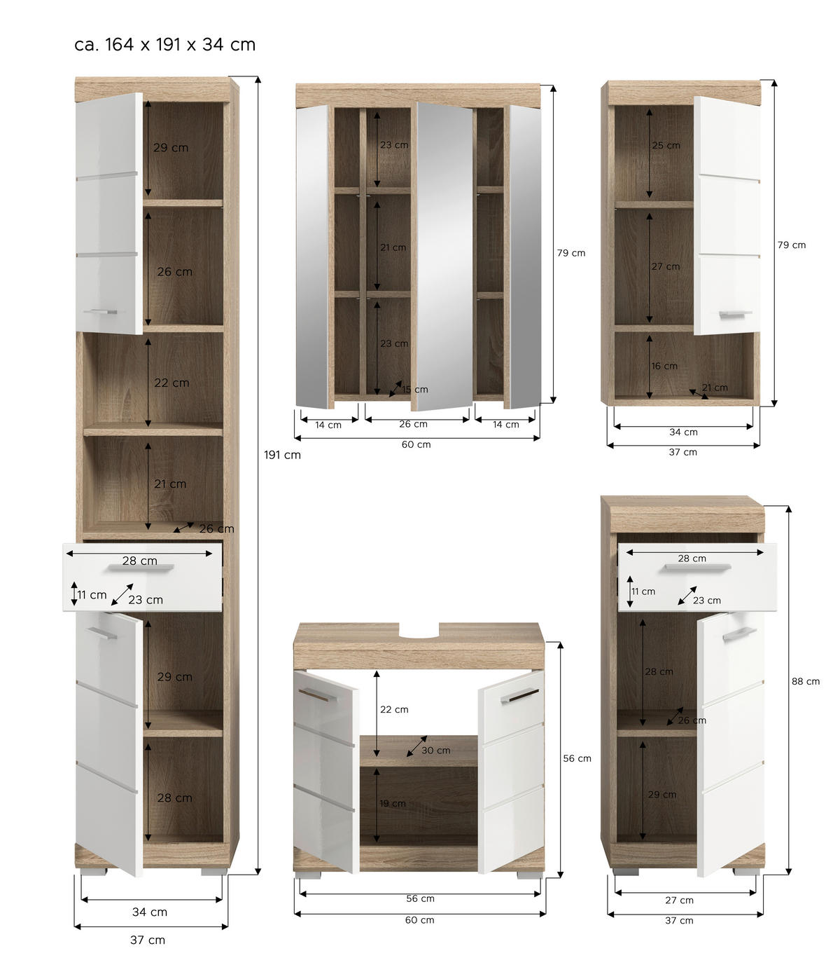 BADEZIMMER 5-teilig  in 134 cm  - Weiß Hochglanz/Silberfarben, MODERN, Glas/Holzwerkstoff (134cm) - MID.YOU