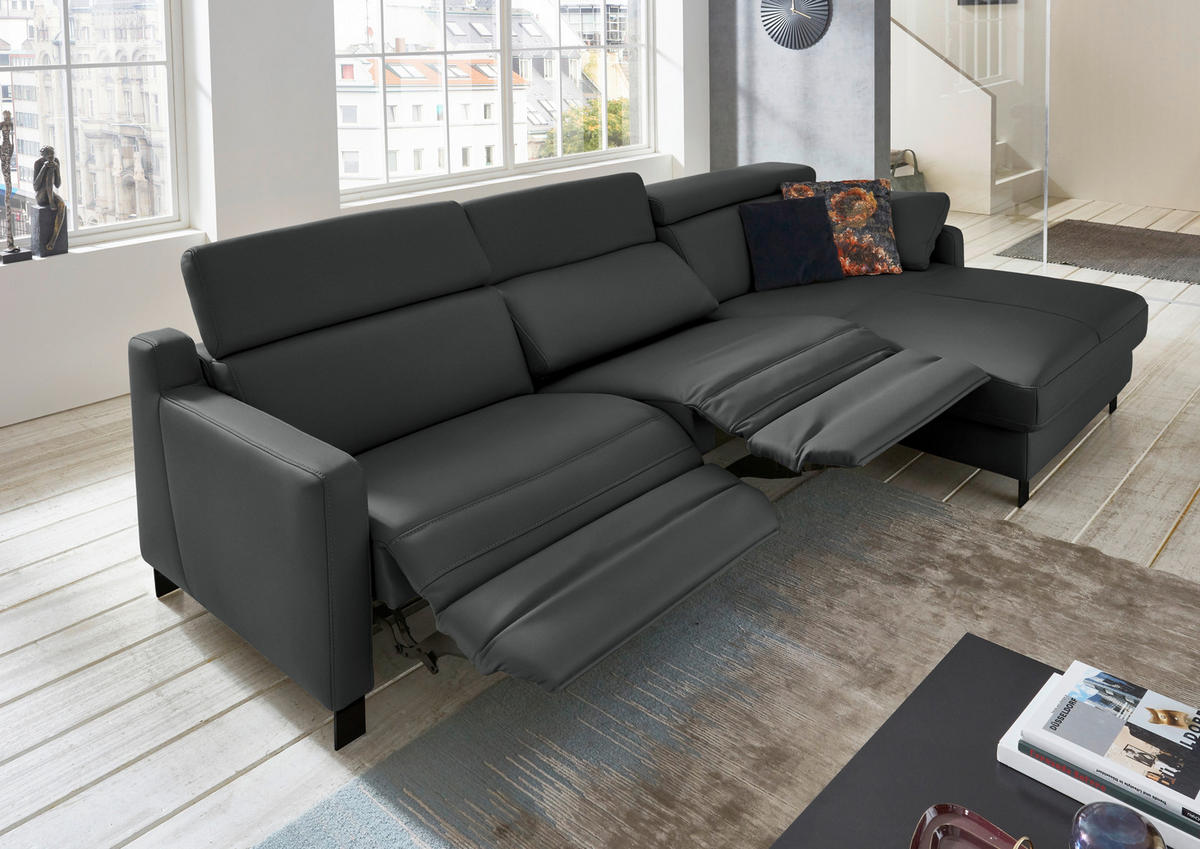 ECKSOFA in Echtleder Anthrazit  - Anthrazit/Schwarz, Design, Leder/Metall (291/176cm) - Valdera
