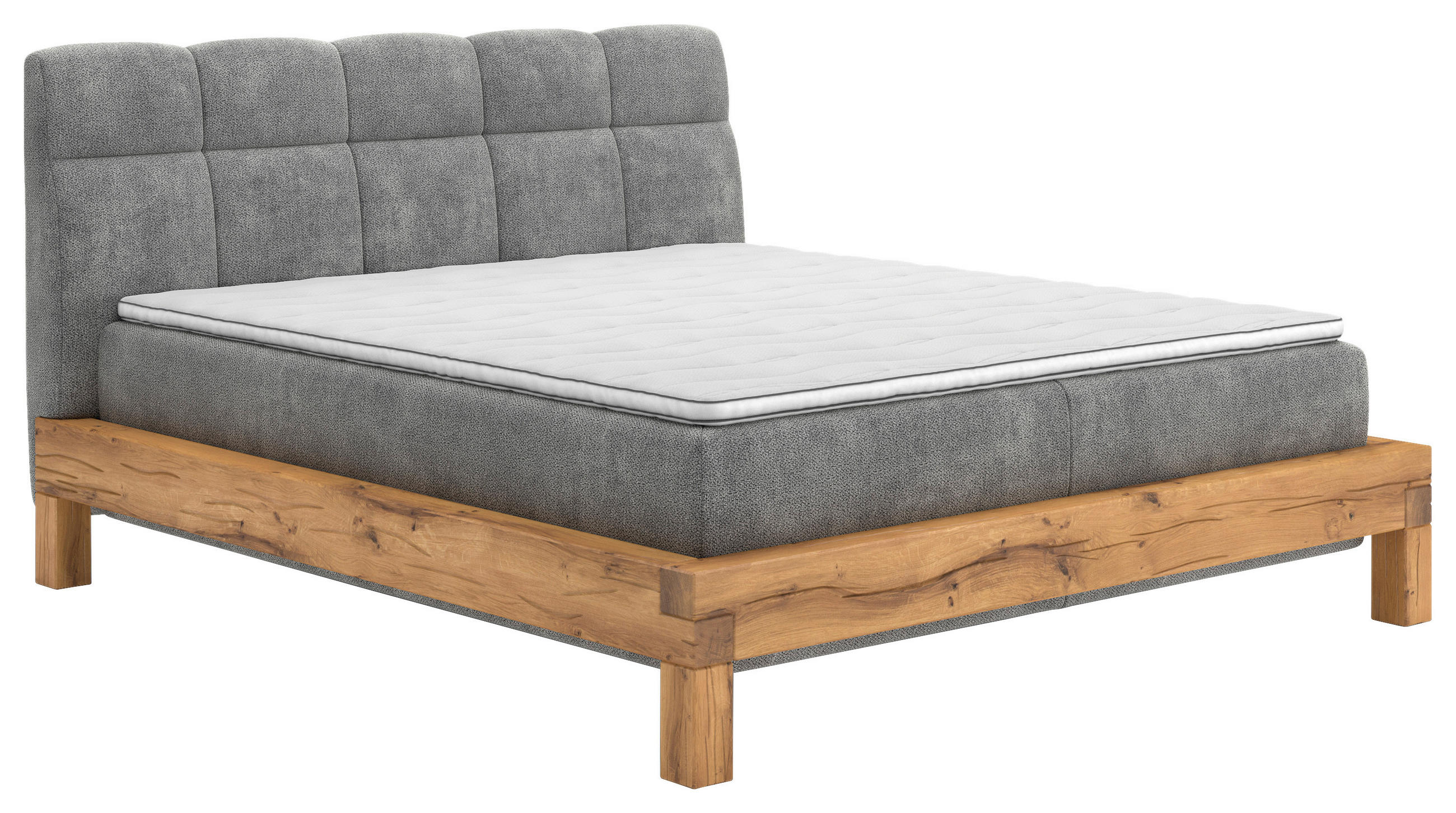 BOXSPRINGBETT 160/200 cm,  in Hellgrau, Matratze, gepolstertes Kopfteil, Topper, H3 + H4 = fest + sehr fest  - Buchefarben/Hellgrau, Natur, Holz/Textil (160/200cm) - Livetastic