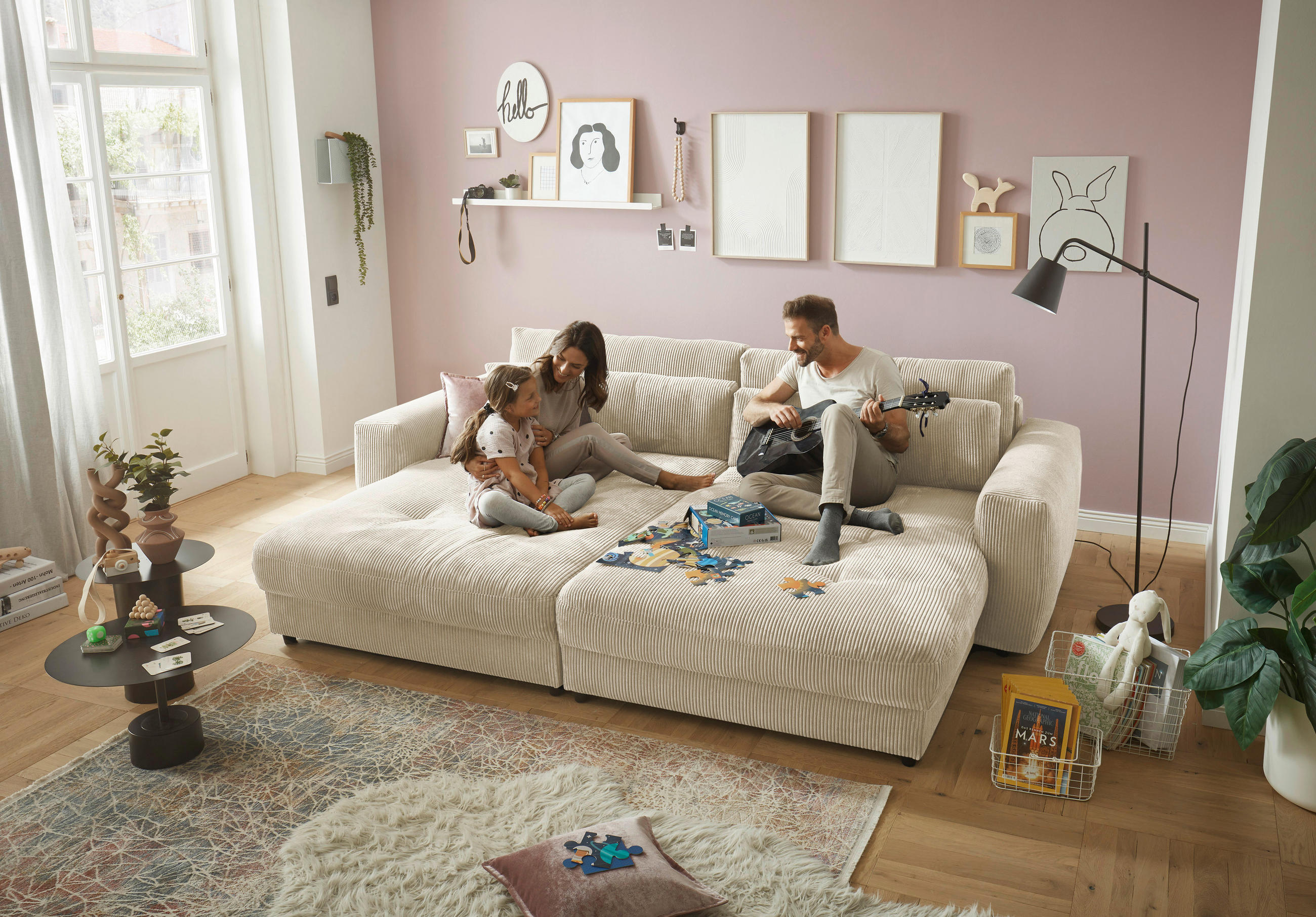BIGSOFA Cord Creme  - Creme/Schwarz, KONVENTIONELL, Kunststoff/Textil (292/90/194cm) - MID.YOU