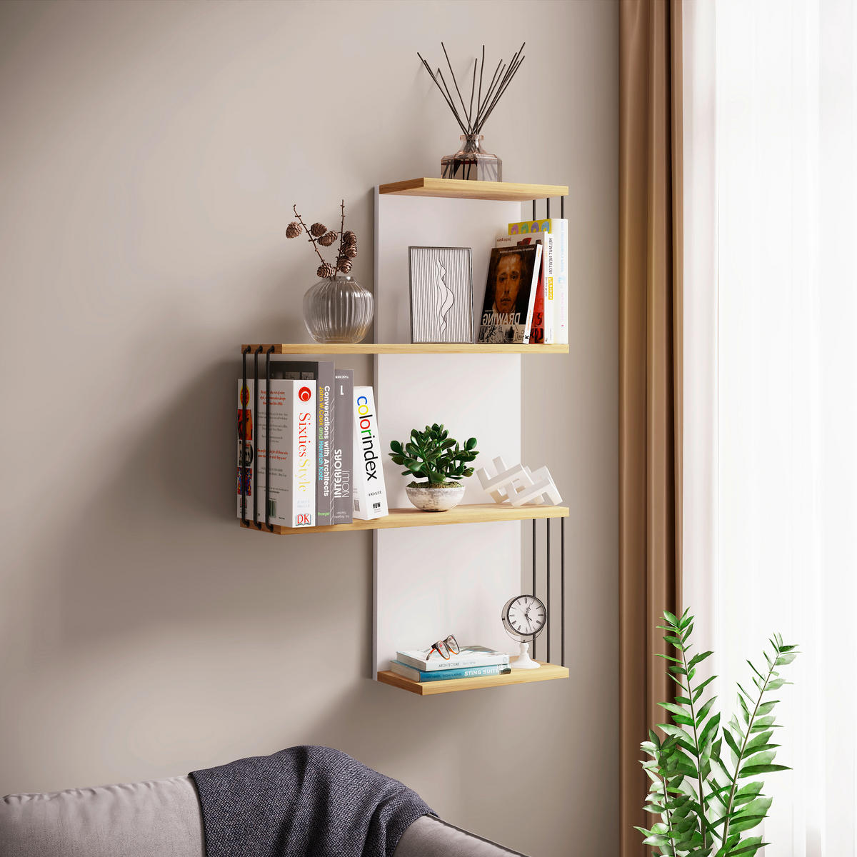 Poliță De Perete 68/98/19 cm, alb, culoare lemn stejar  - alb/culoare lemn stejar, Design, material pe bază de lemn (68/98/19cm) - Livetastic