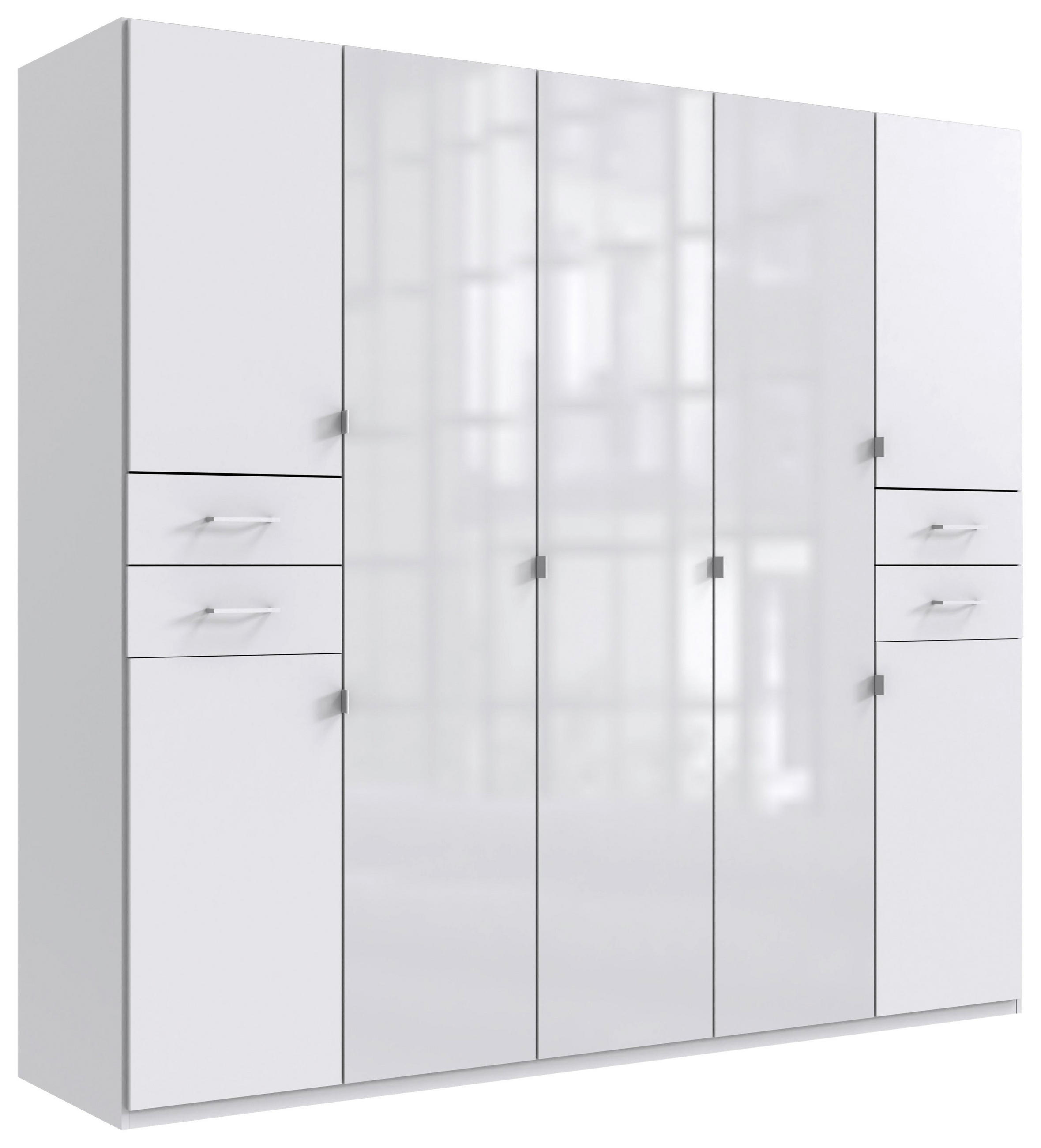 KLEIDERSCHRANK 225/208/58 cm,  in Weiß, 7-türig  - Silberfarben/Weiß, KONVENTIONELL, Glas/Holzwerkstoff (225/208/58cm) - Boxxx