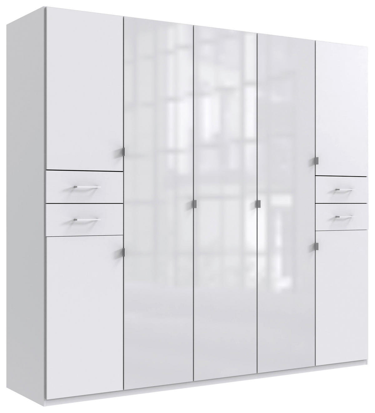 KLEIDERSCHRANK 225/208/58 cm,  in Weiß, 7-türig  - Silberfarben/Weiß, KONVENTIONELL, Glas/Holzwerkstoff (225/208/58cm) - Boxxx