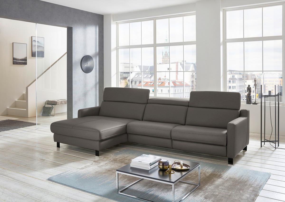ECKSOFA Echtleder Graubraun  - Graubraun/Schwarz, Design, Leder/Metall (176/291cm) - Valdera