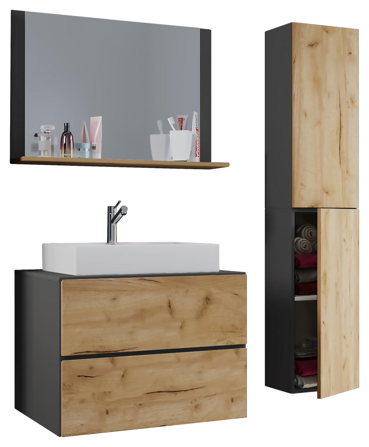 BADEZIMMER 4-teilig  in 114 cm  - Honigeiche/Anthrazit, MODERN, Keramik/Holzwerkstoff (114cm) - MID.YOU