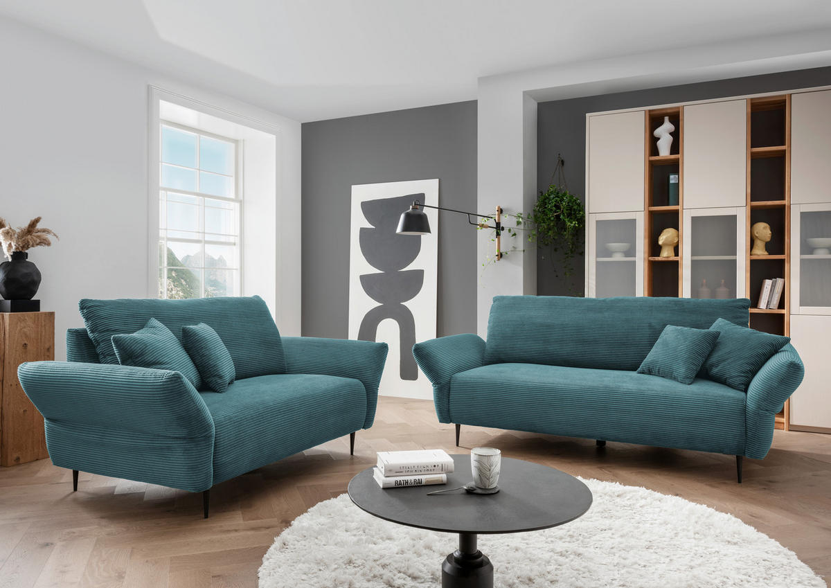 2-SITZER-SOFA in Cord Petrol  - Petrol/Schwarz, Design, Textil/Metall (163/97/102cm) - Livetastic