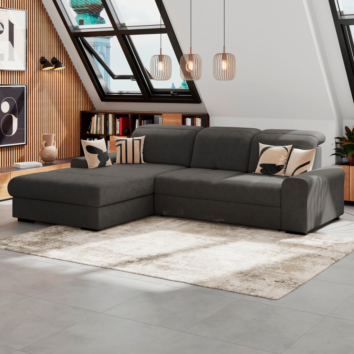 ECKSOFA Graphitfarben Chenille Rücken echt, Kopfteilverstellung  - Schwarz/Graphitfarben, KONVENTIONELL, Holz/Textil (203/286cm) - MID.YOU