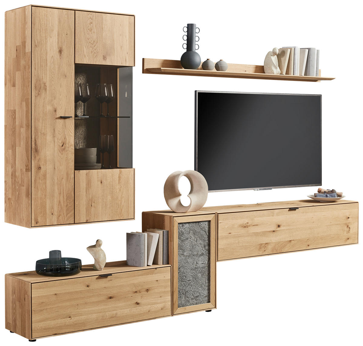 WOHNWAND  in Wildeiche  298,2/206,6/37,1 cm  - Wildeiche/Schwarz, Natur, Glas/Holz (298,2/206,6/37,1cm) - Valnatura