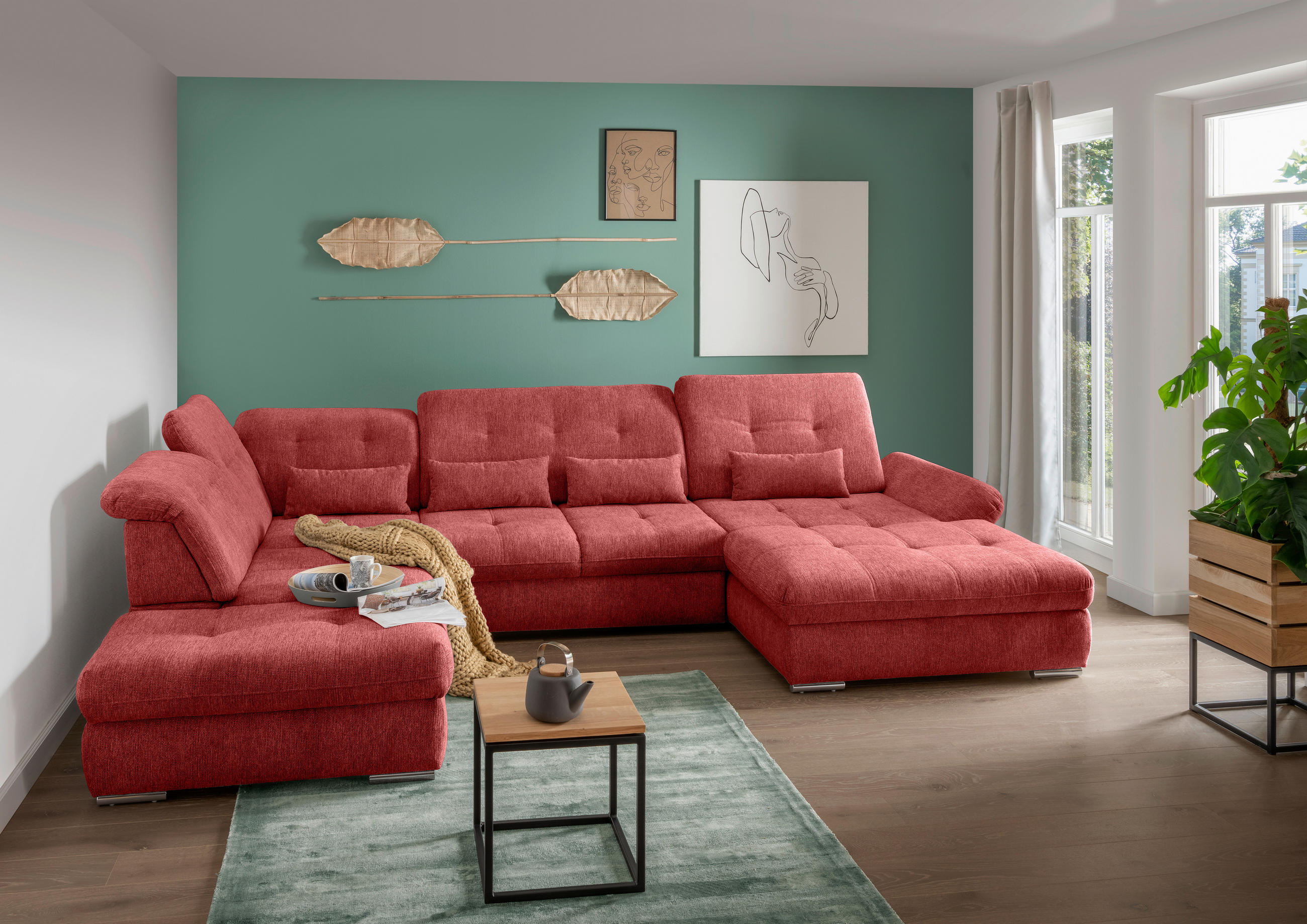 WOHNLANDSCHAFT in Chenille Rot  - Chromfarben/Rot, Modern, Textil/Metall (254/376/195cm) - Livetastic