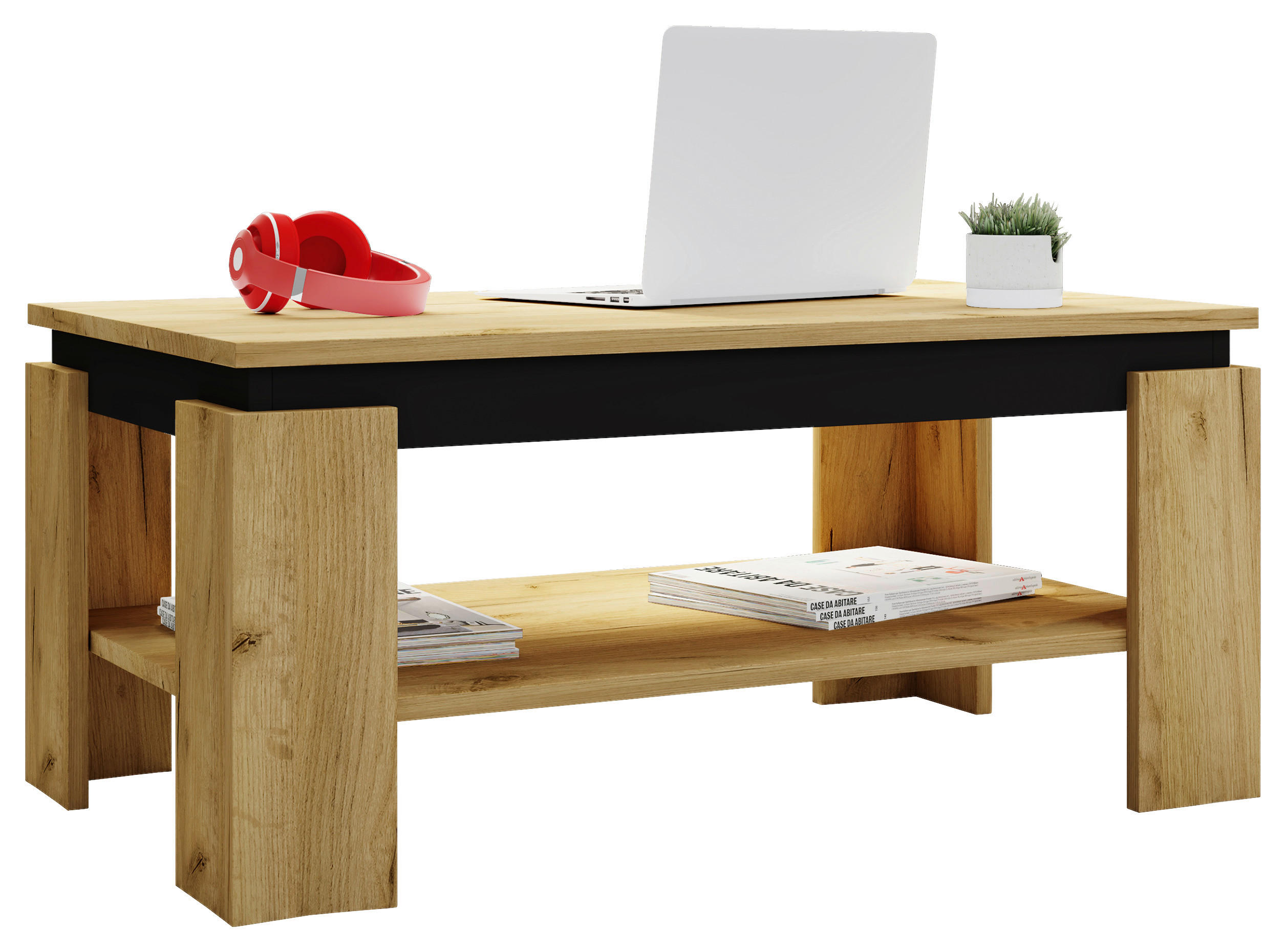 Thumbnail - Mid.you Couchtisch, Schwarz, Honigeiche, Holzwerkstoff, rechteckig, eckig, 53x41x90 cm, Stauraum, offenes Fach, einfache...