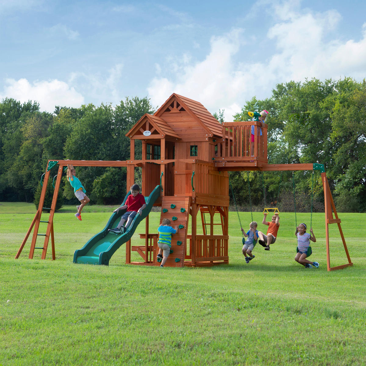 SPIELTURM SKYFORT II 670/380/510 cm  - Braun/Grün, Konventionell, Holz (670/380/510cm)