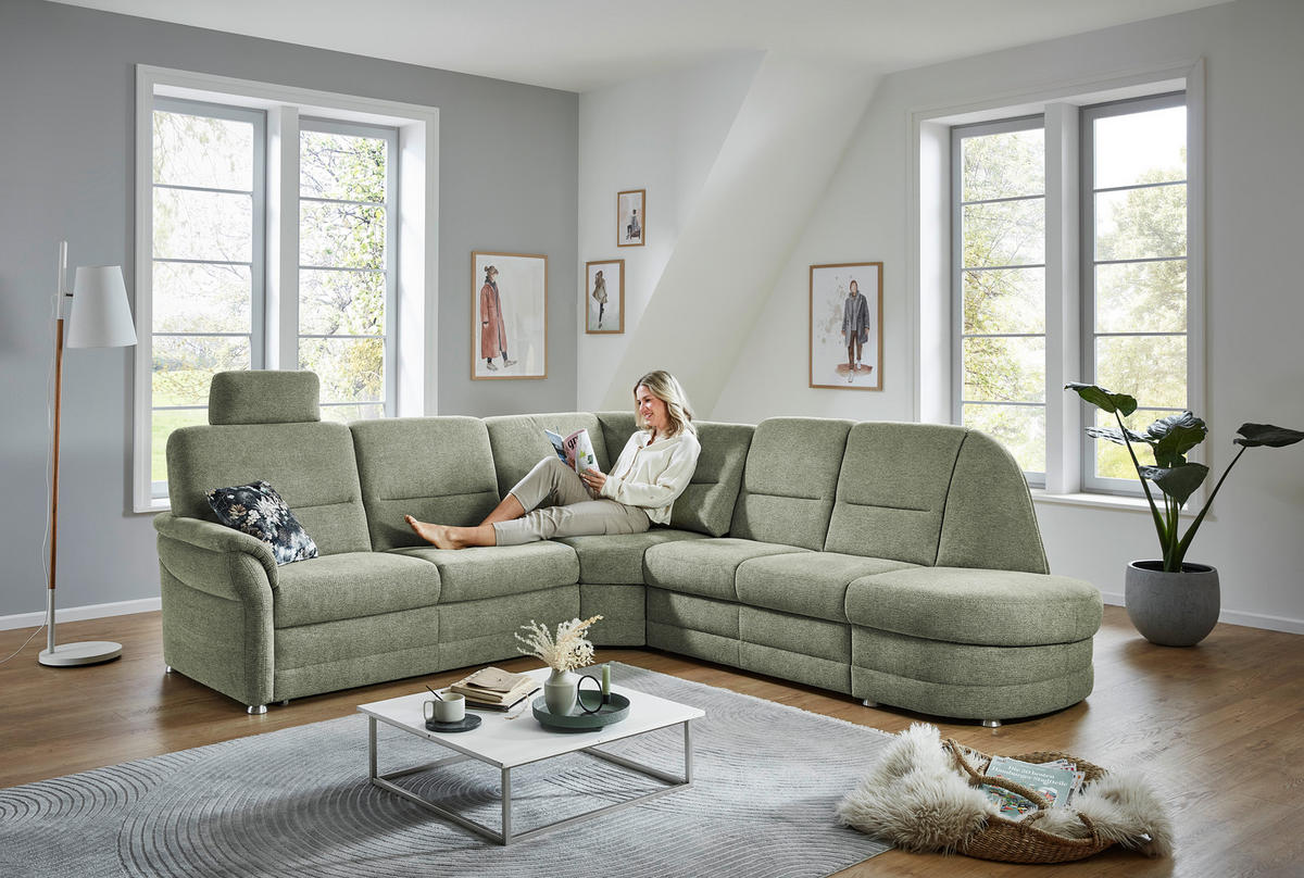 ECKSOFA  in Makramee Grün  - Alufarben/Grün, KONVENTIONELL, Textil/Metall (253/273cm) - Beldomo Comfort