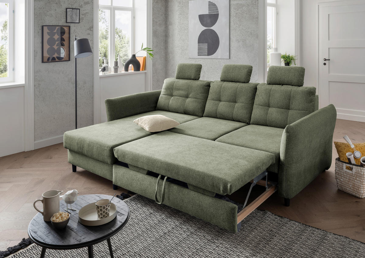 ECKSOFA in Chenille Dunkelgrün  - Dunkelgrün/Beige, Modern, Holz/Textil (176/250-280cm) - Livetastic