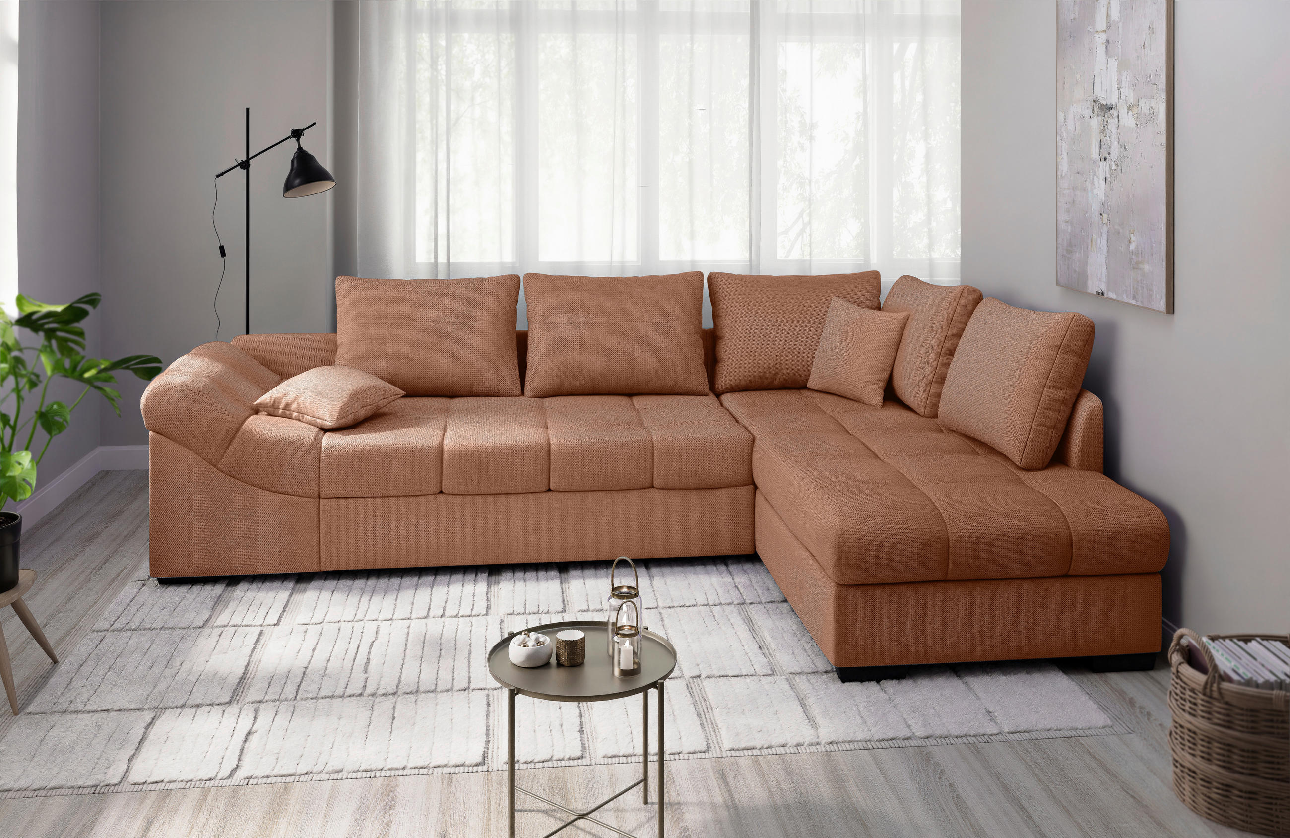 ECKSCHLAFSOFA Koralle Chenille  - Koralle/Schwarz, MODERN, Holz/Textil (298/202cm) - MID.YOU