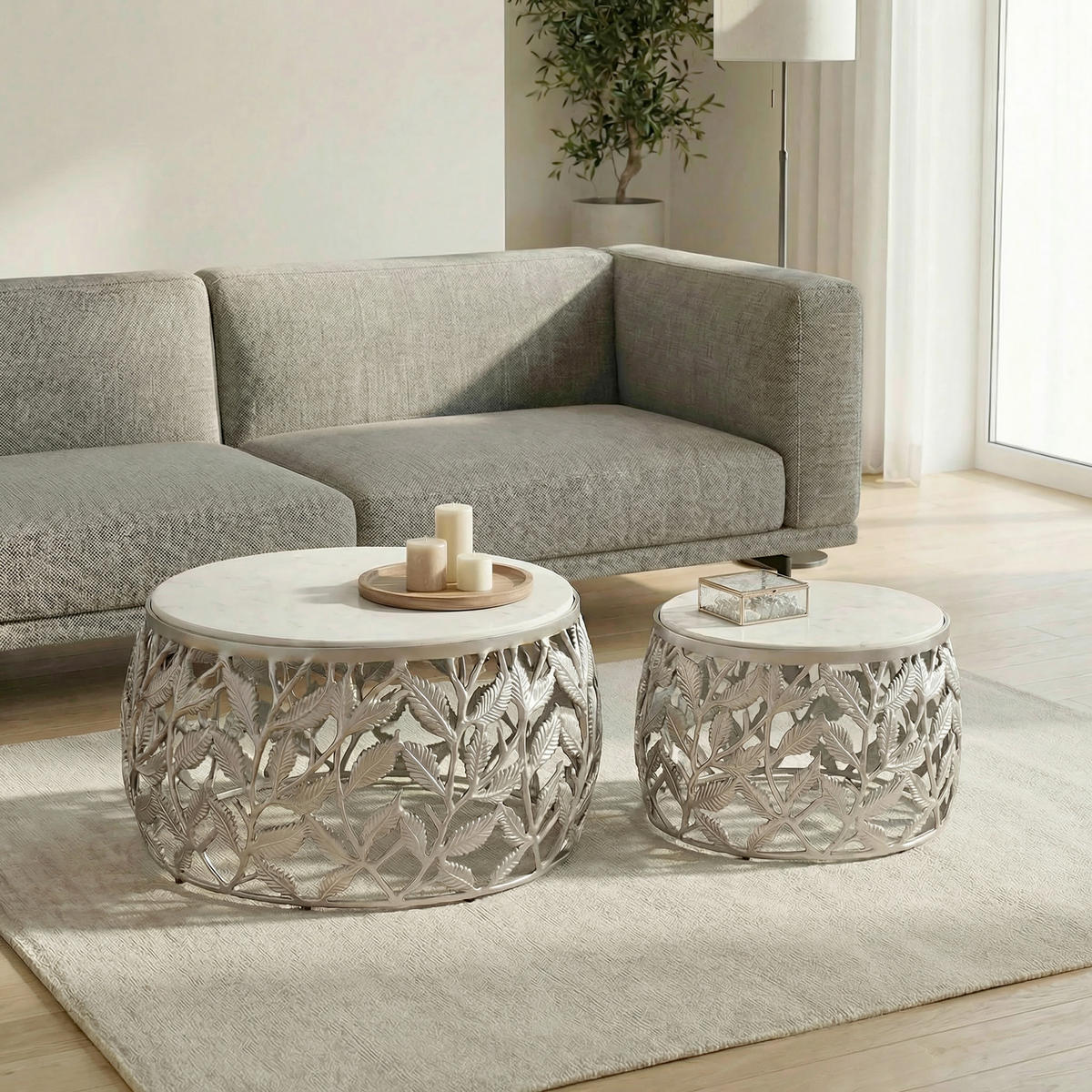Set De Măsuțe Suprapuse din piatră, 60/60/33 cm - argintiu/alb, Design, metal/piatră (60/60/33cm) - MID.YOU
