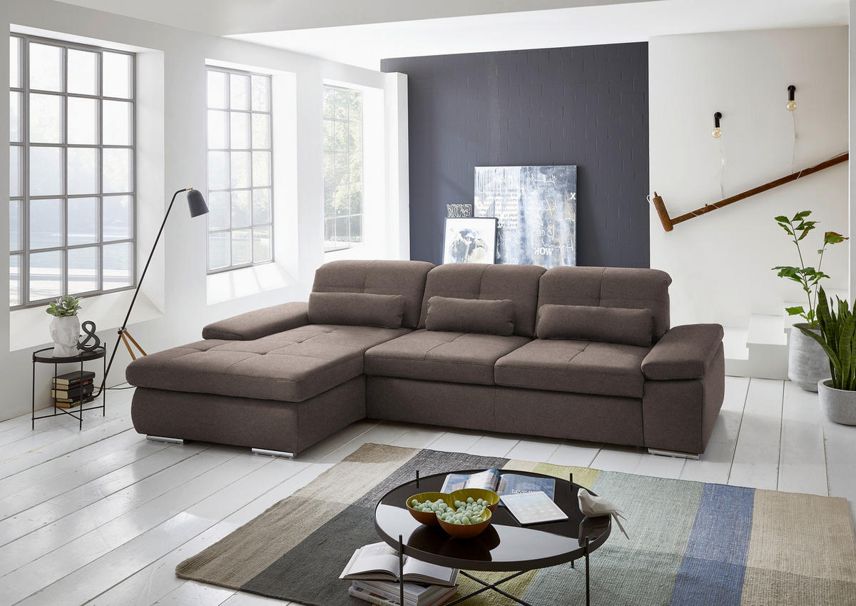 ECKSOFA  in Flachgewebe Graubraun  195/309 cm  - Chromfarben/Graubraun, Design, Textil (195/309cm) - Beldomo Style